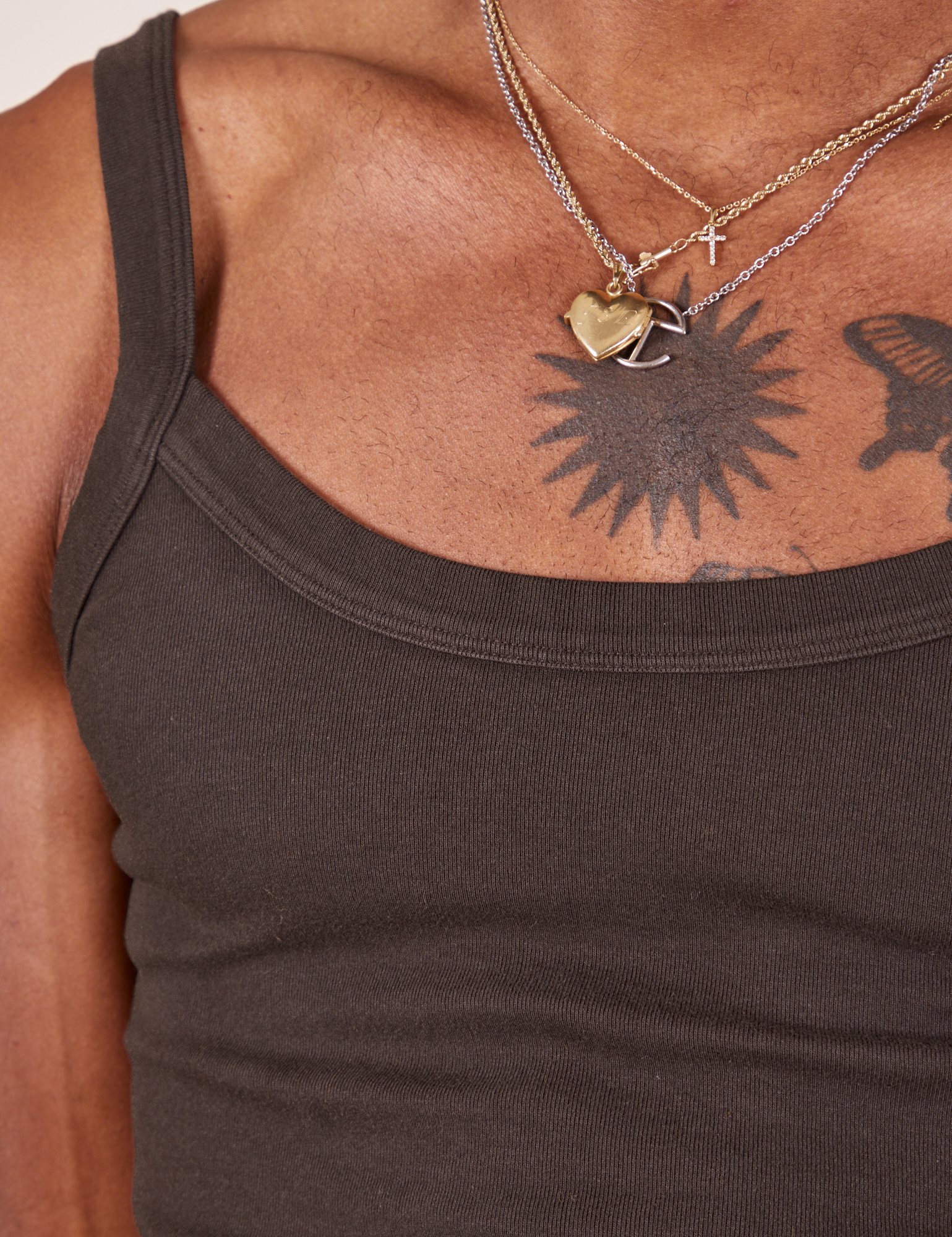 Front close up of Cropped Cami in Espresso Brown worn by Jerrod