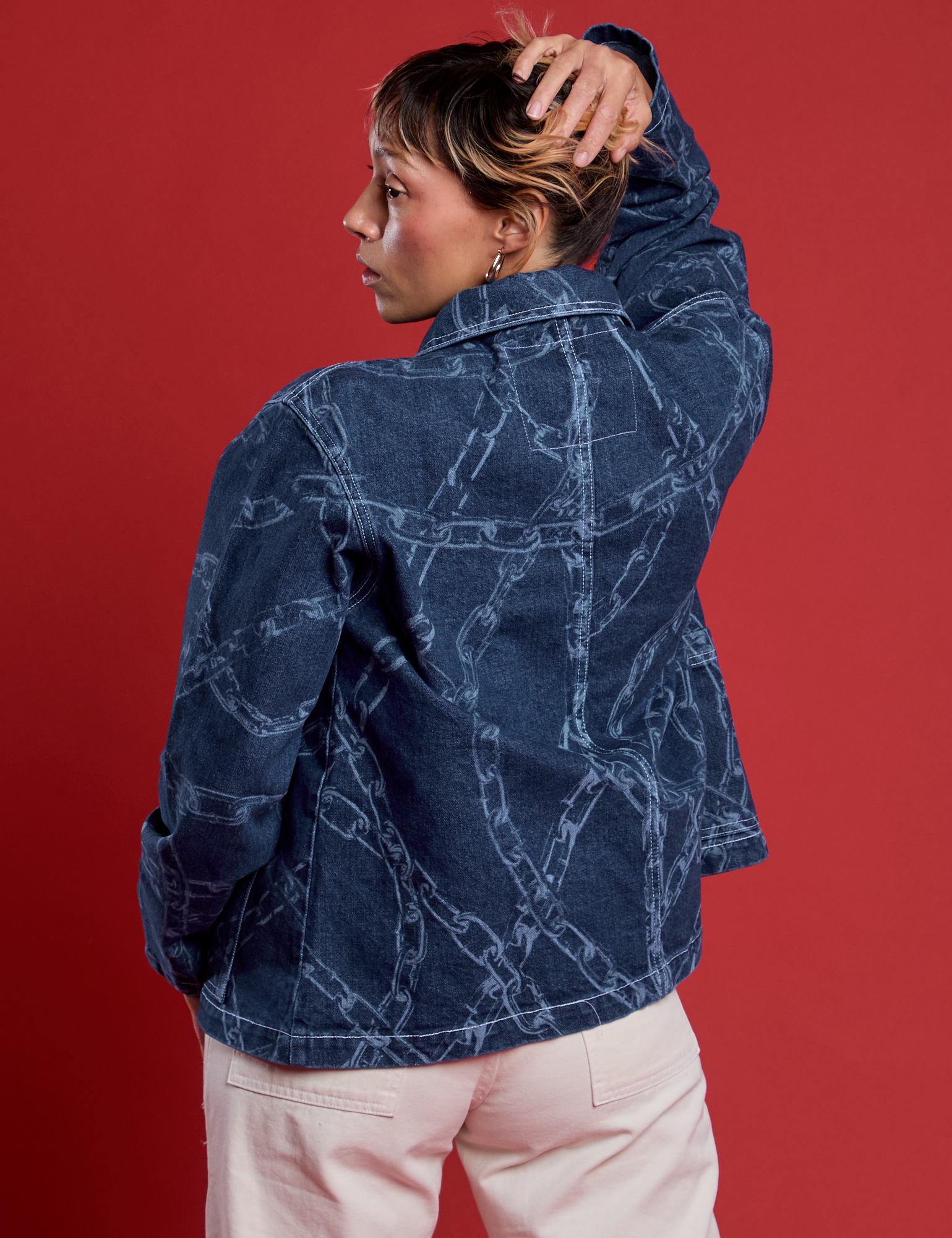 Back view of Chain Link Work Jacket on Tiara