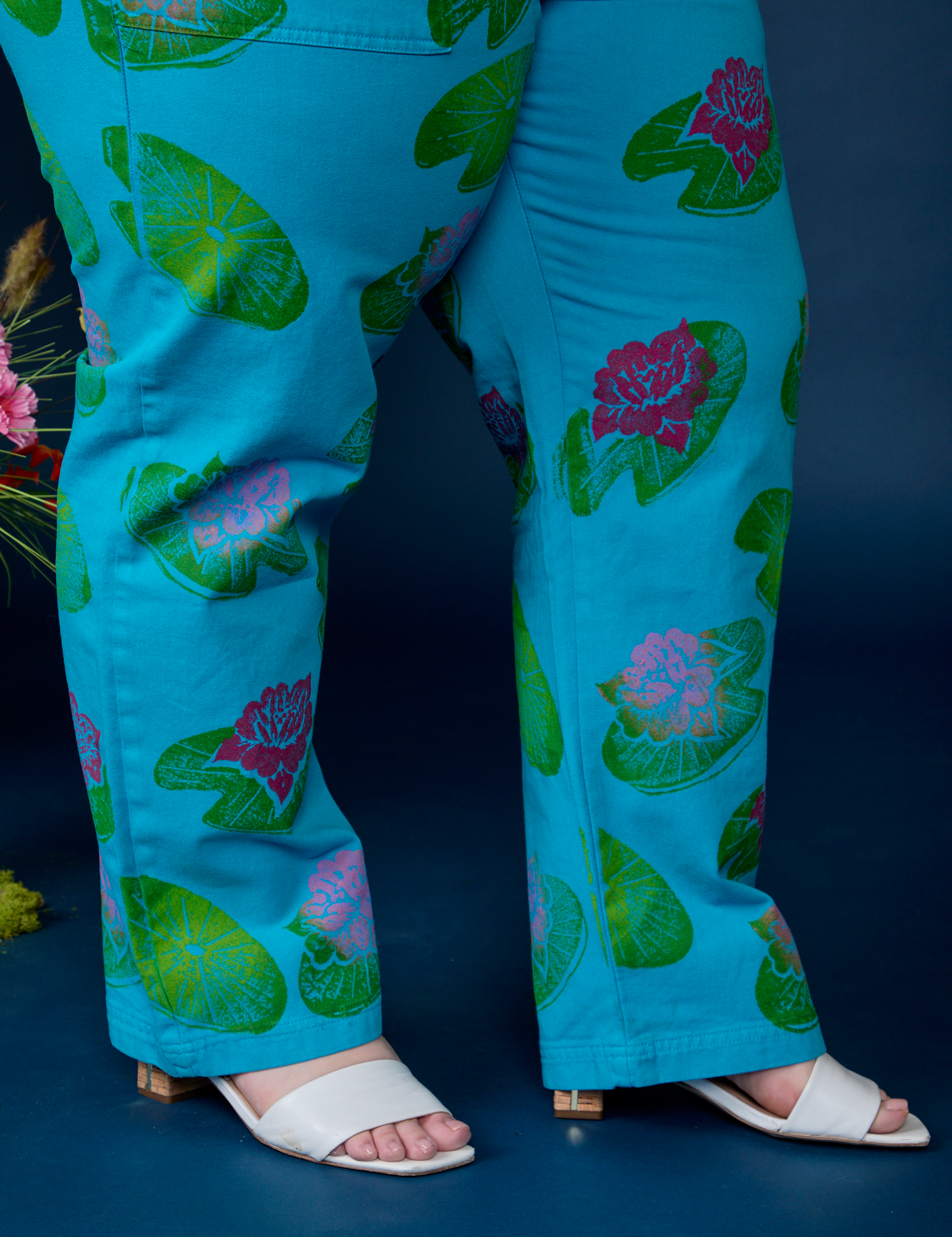 Paintstamped Work Pants in Lilypad pant leg close up on Ashley