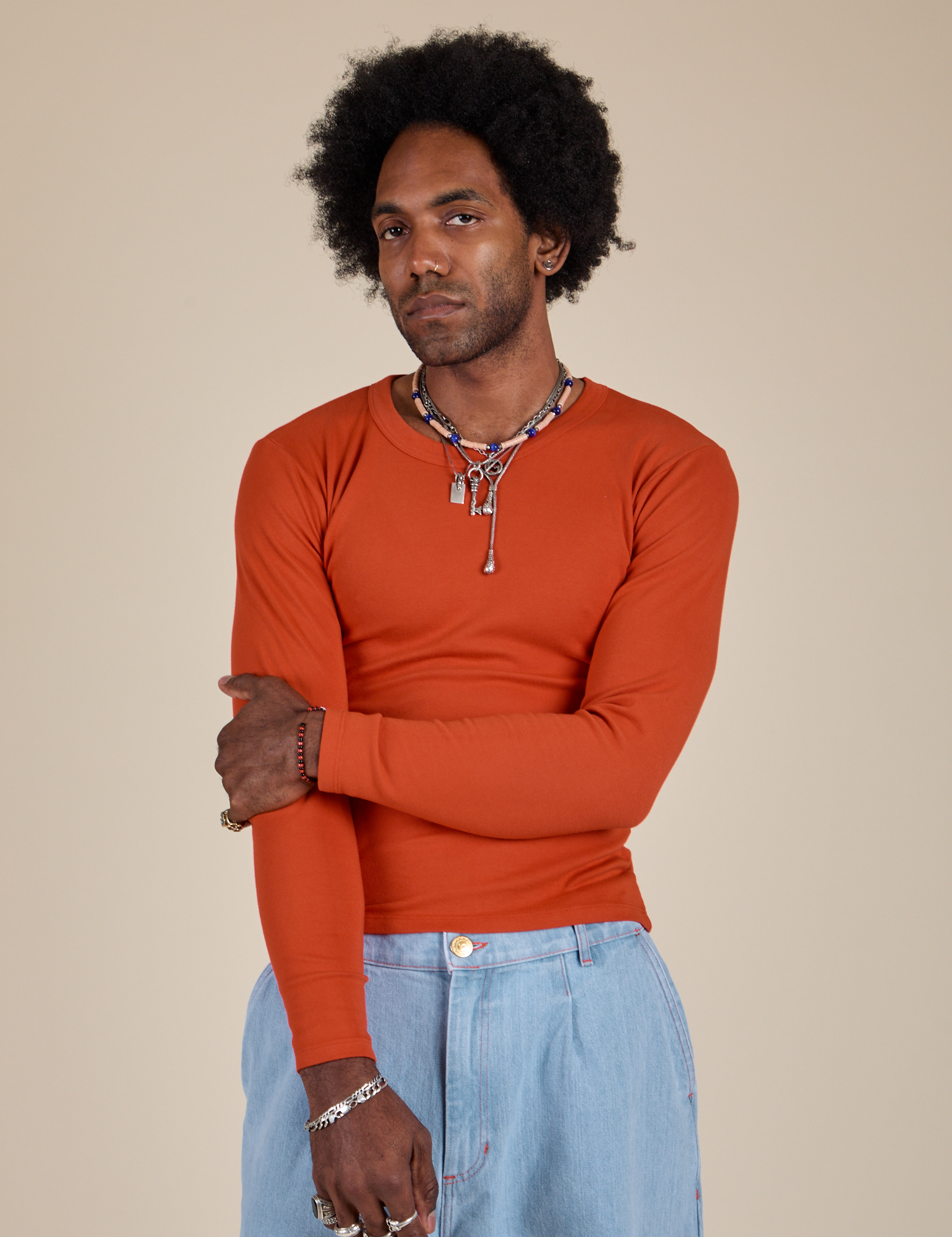 Long Sleeve Baby Tee in Chili Red on Jerrod