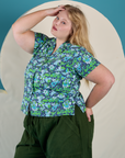 Angled front view of Angel Print Pantry Button-Up on Juliet