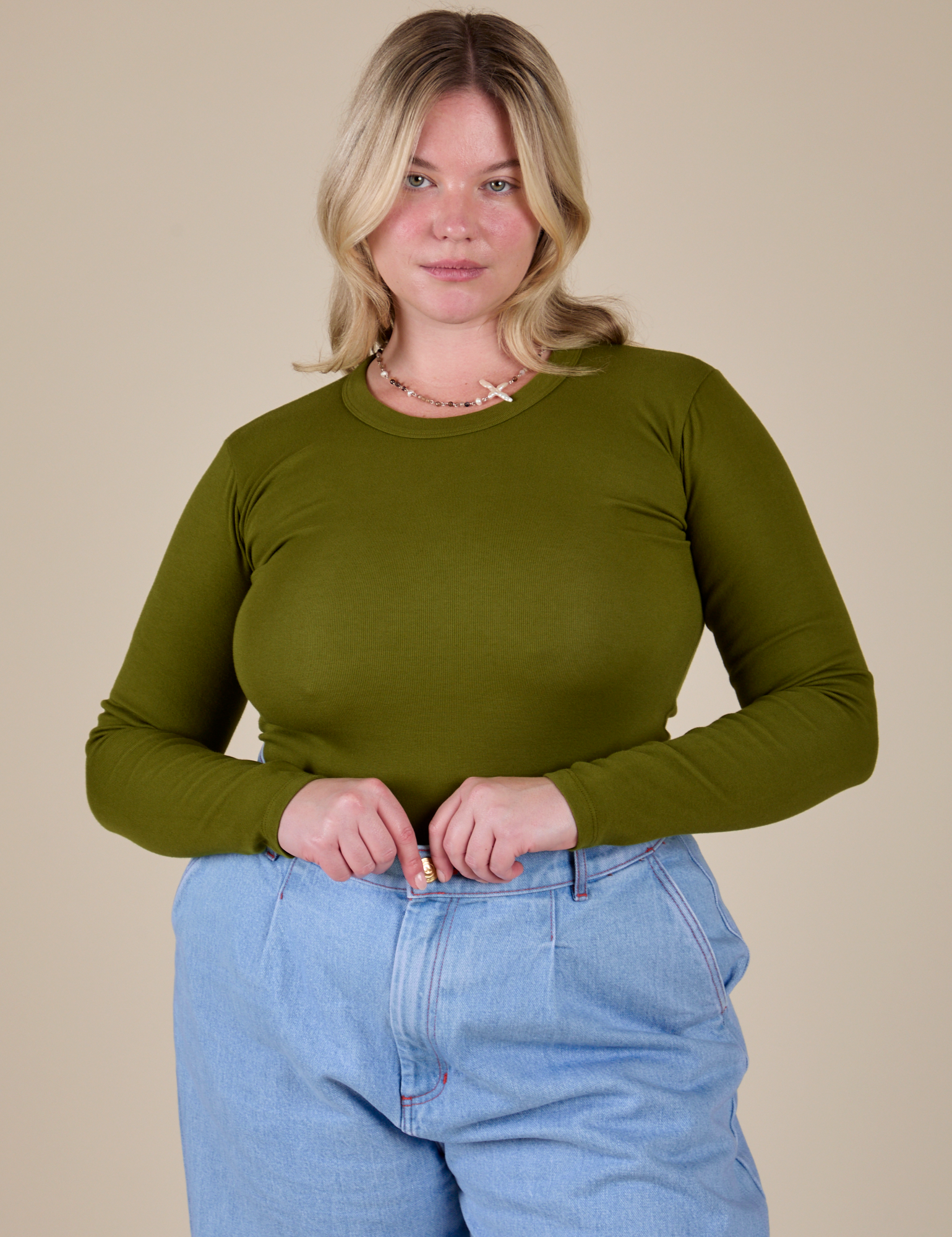 Long Sleeve Baby Tee in Summer Olive worn by Lish