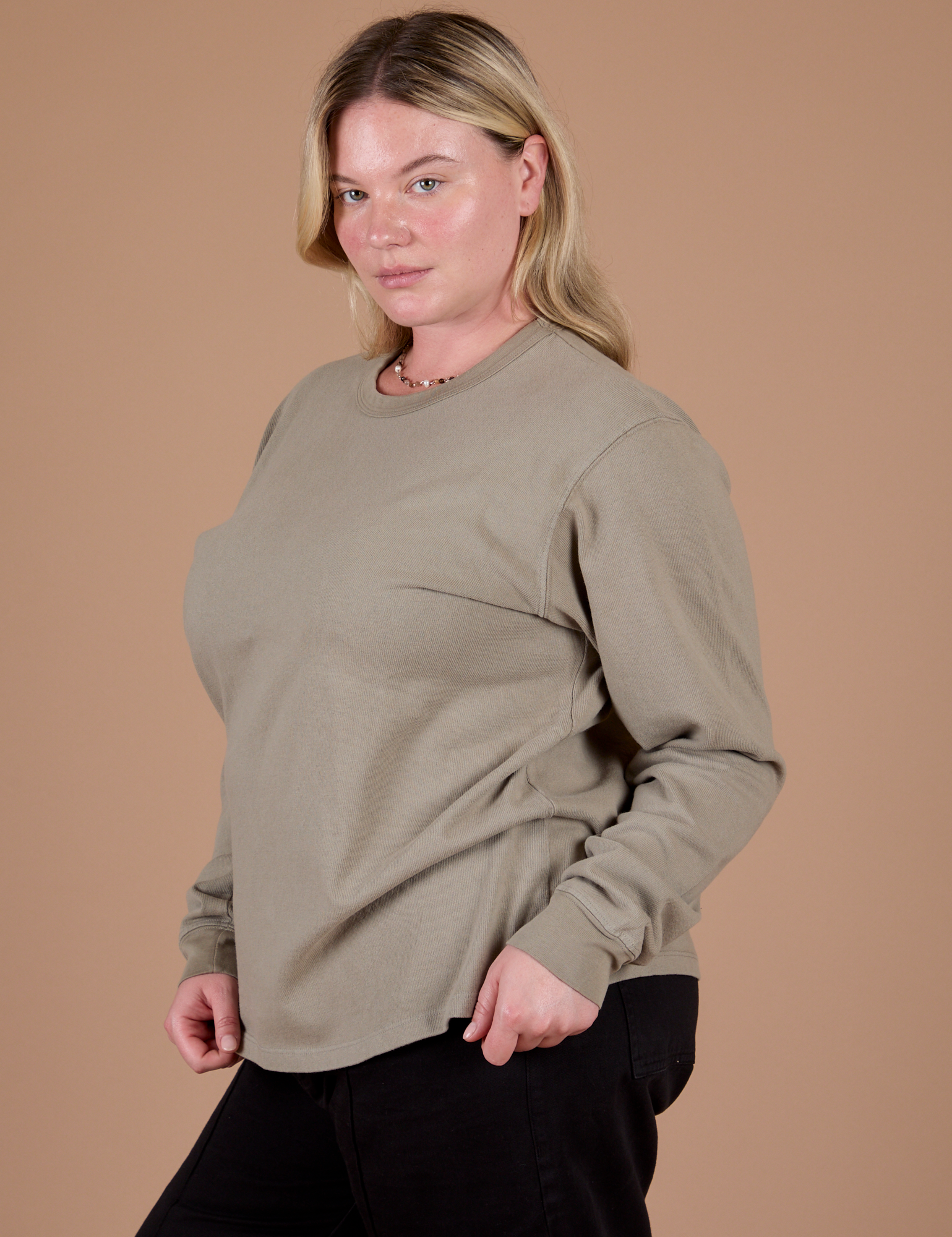 Long Sleeve Burly Tee in Khaki Grey angled front view on Lish
