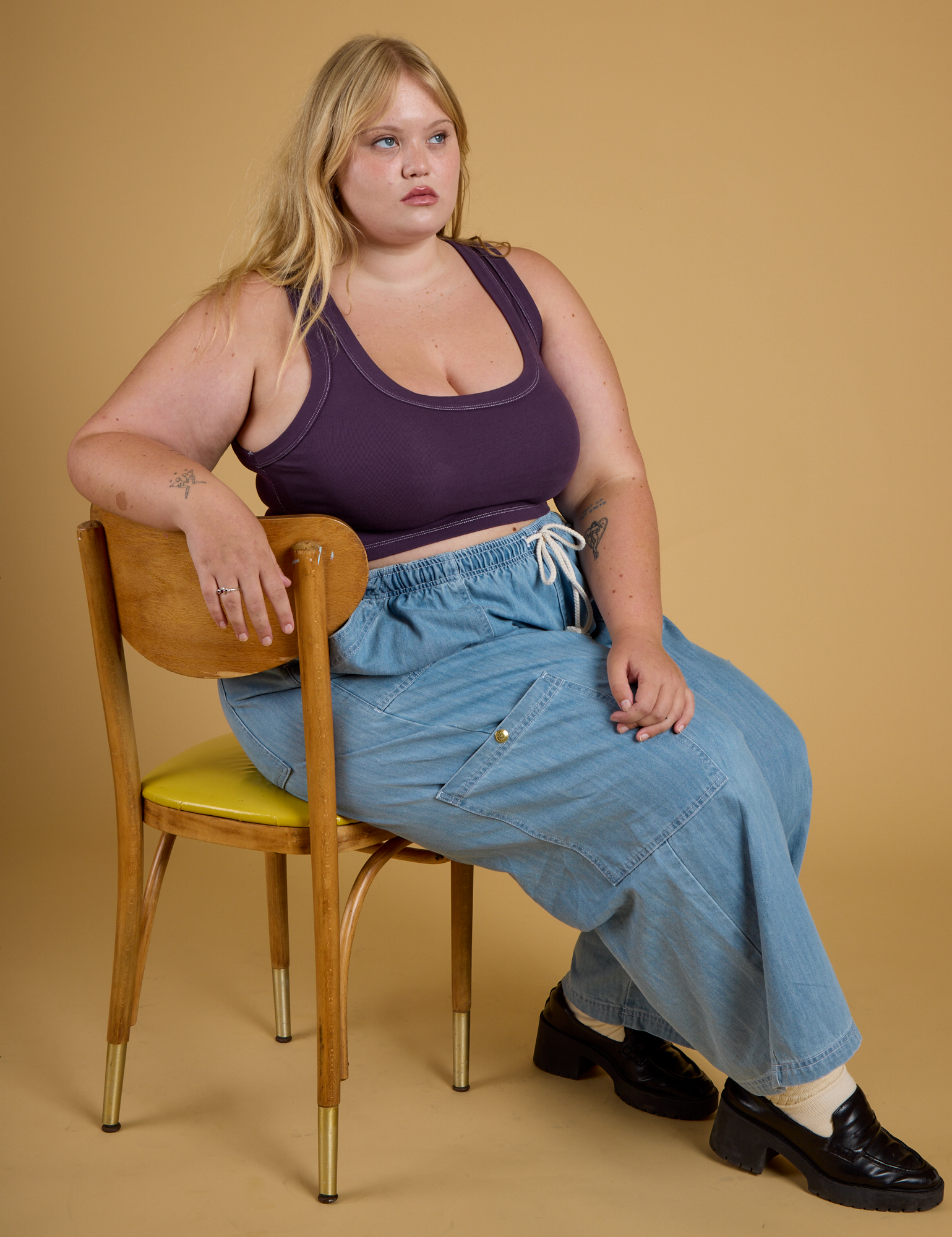 Contrast Stitch Mini Tank in Nebula Purple and light wash Denim Drop Pocket Pants