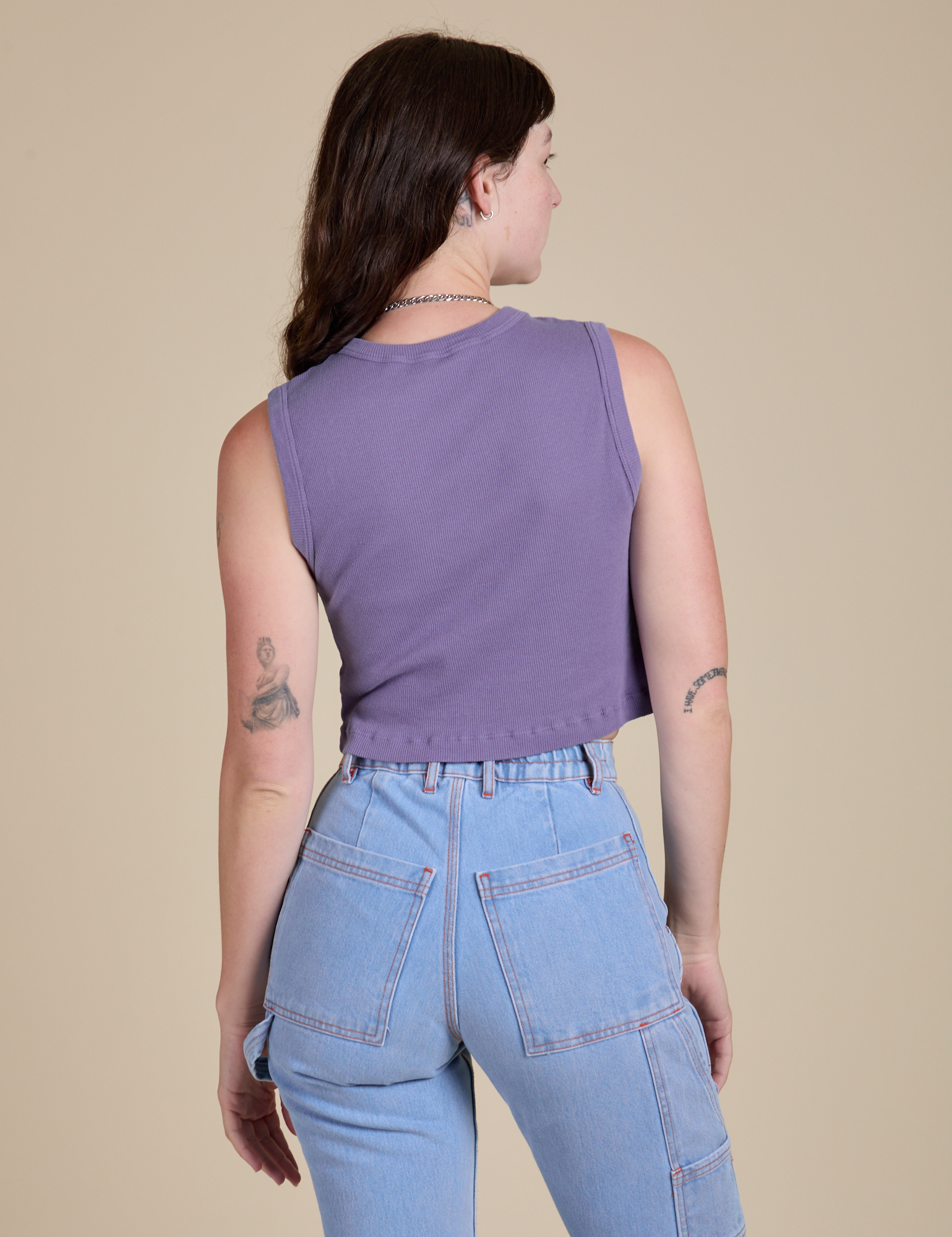 Muscle Tee in Faded Grape back view on Alex