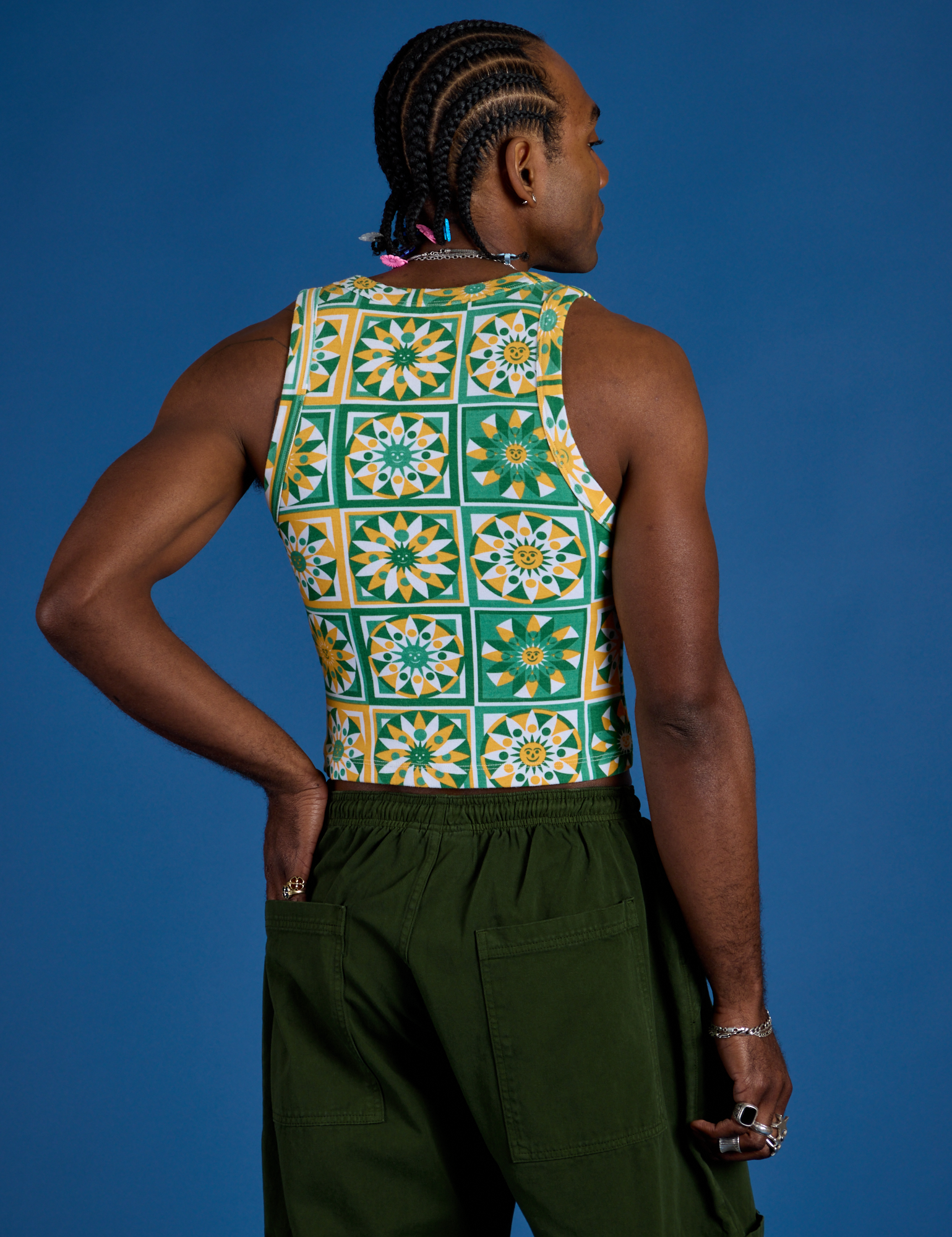 Cropped Tank Top in Spring Quilt Print back view on Jerrod