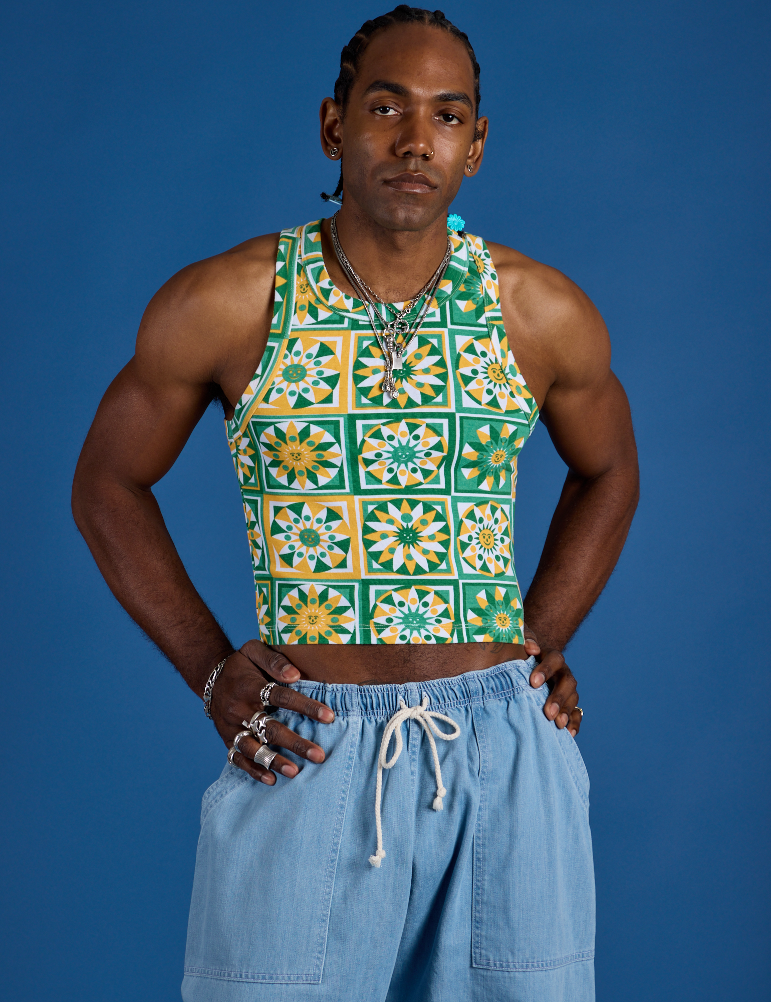 Deep-Cut Racerback Tank in Spring Quilt Print worn by Jerrod