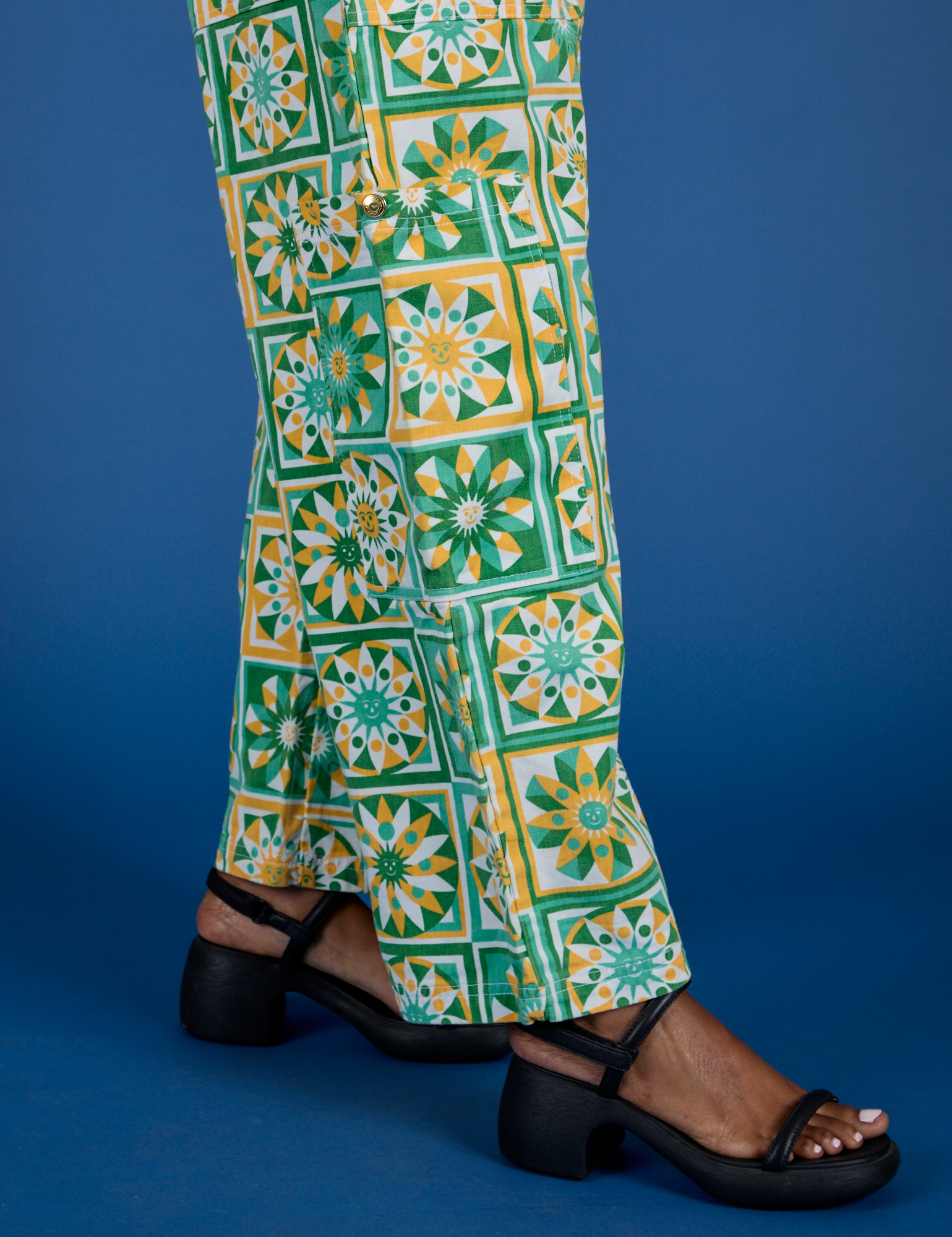 Drop Pocket Cargo Pants in Spring Quilt Print pant leg close up