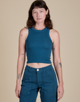 Alex is 5’8” and wearing P Racerback Tank in Lagoon
