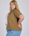 Pantry Button-Up in Desert Brown side view on Juliet