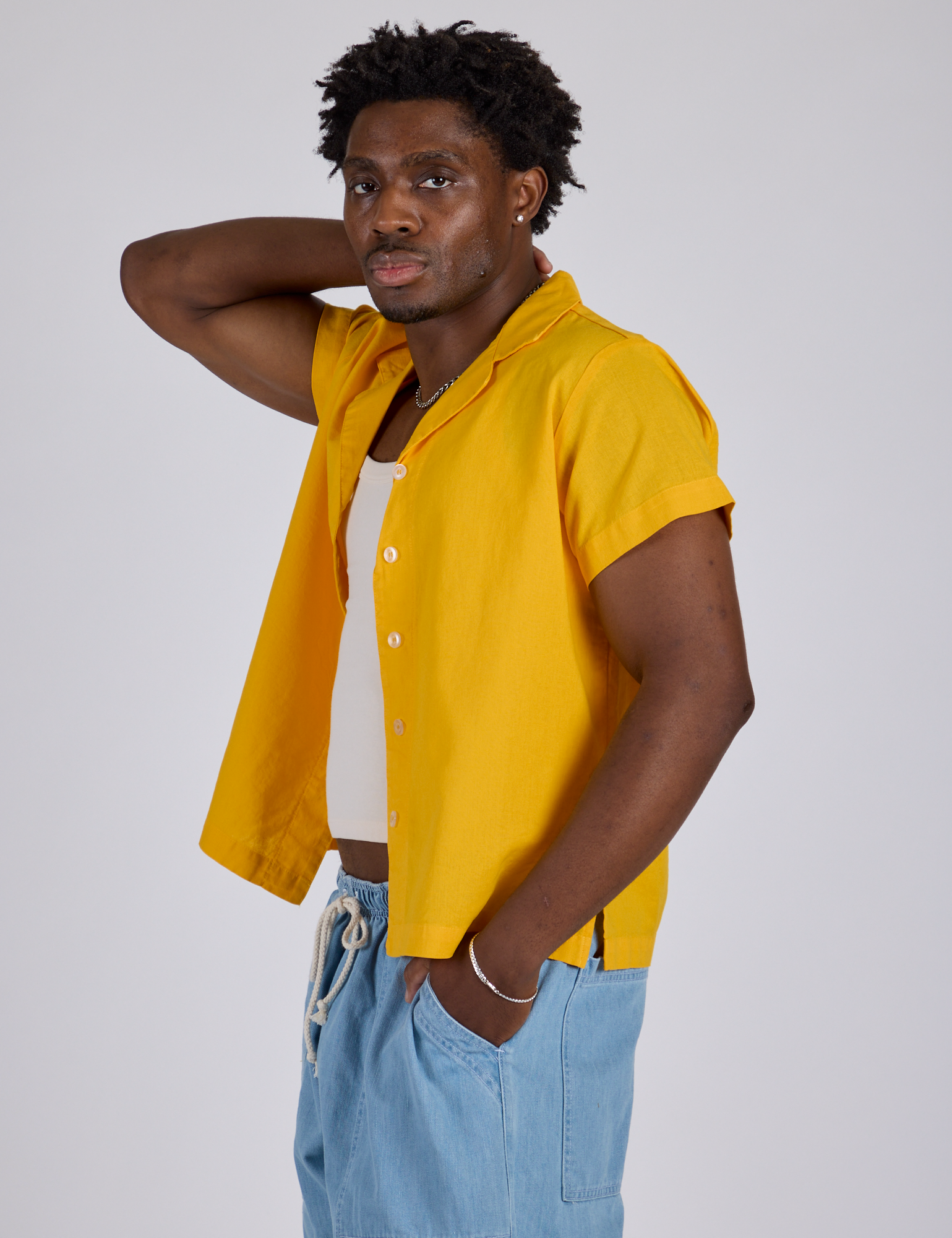 Pantry Button-Up in Sunshine Yellow angled front view on Isaac