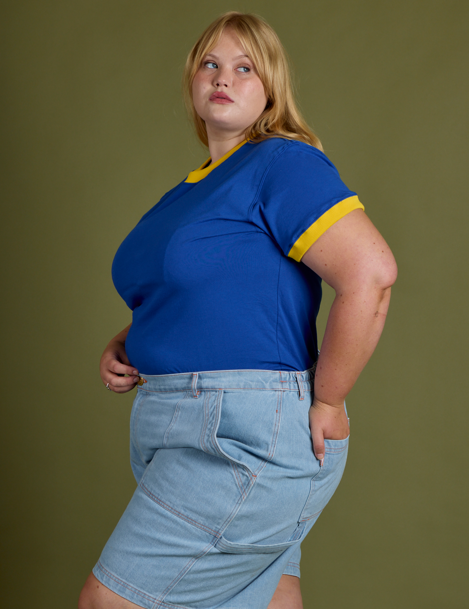 Vintage Ringer Tee in Royal Blue side view on Juliet