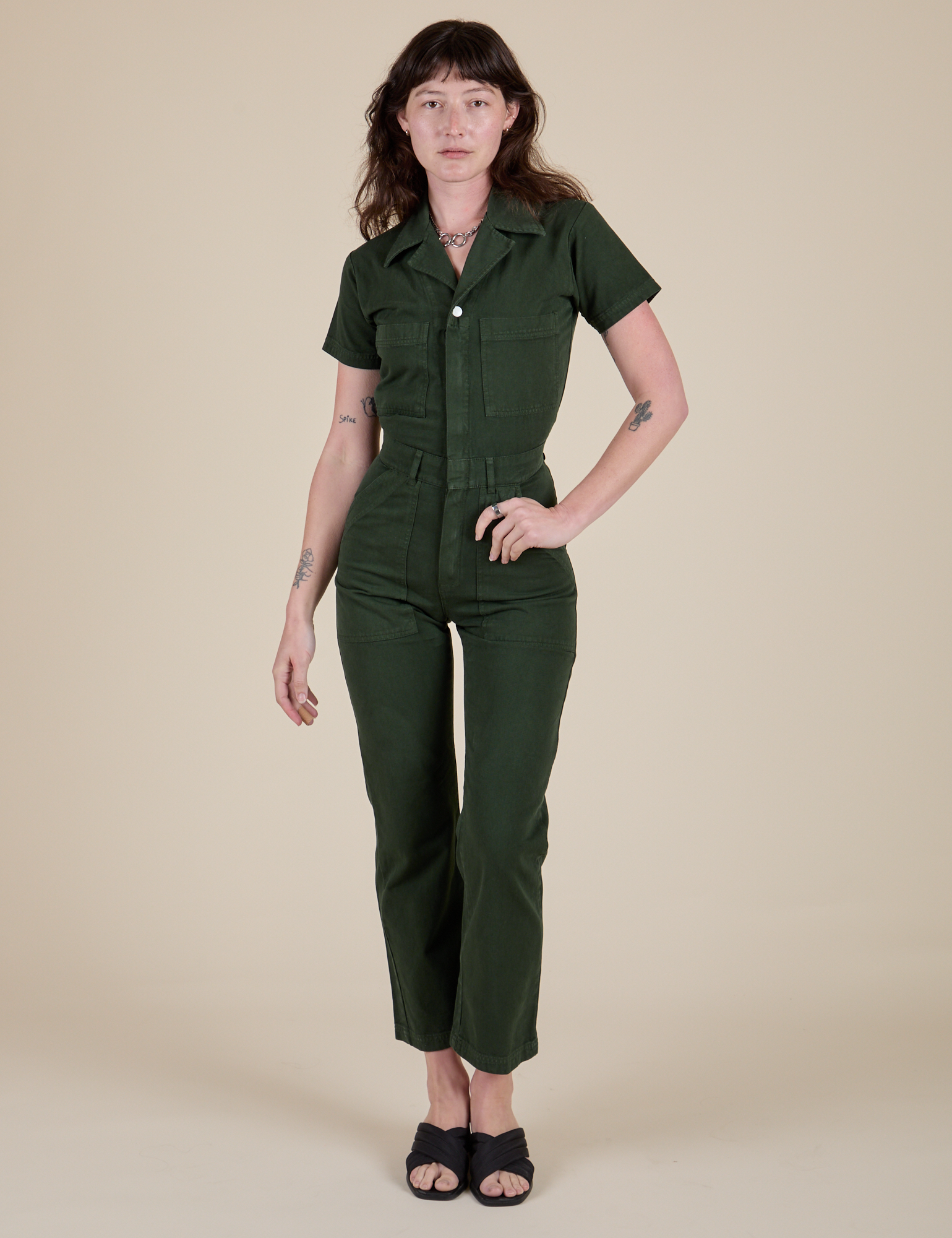 Short Sleeve Jumpsuit in Swamp Green on Alex