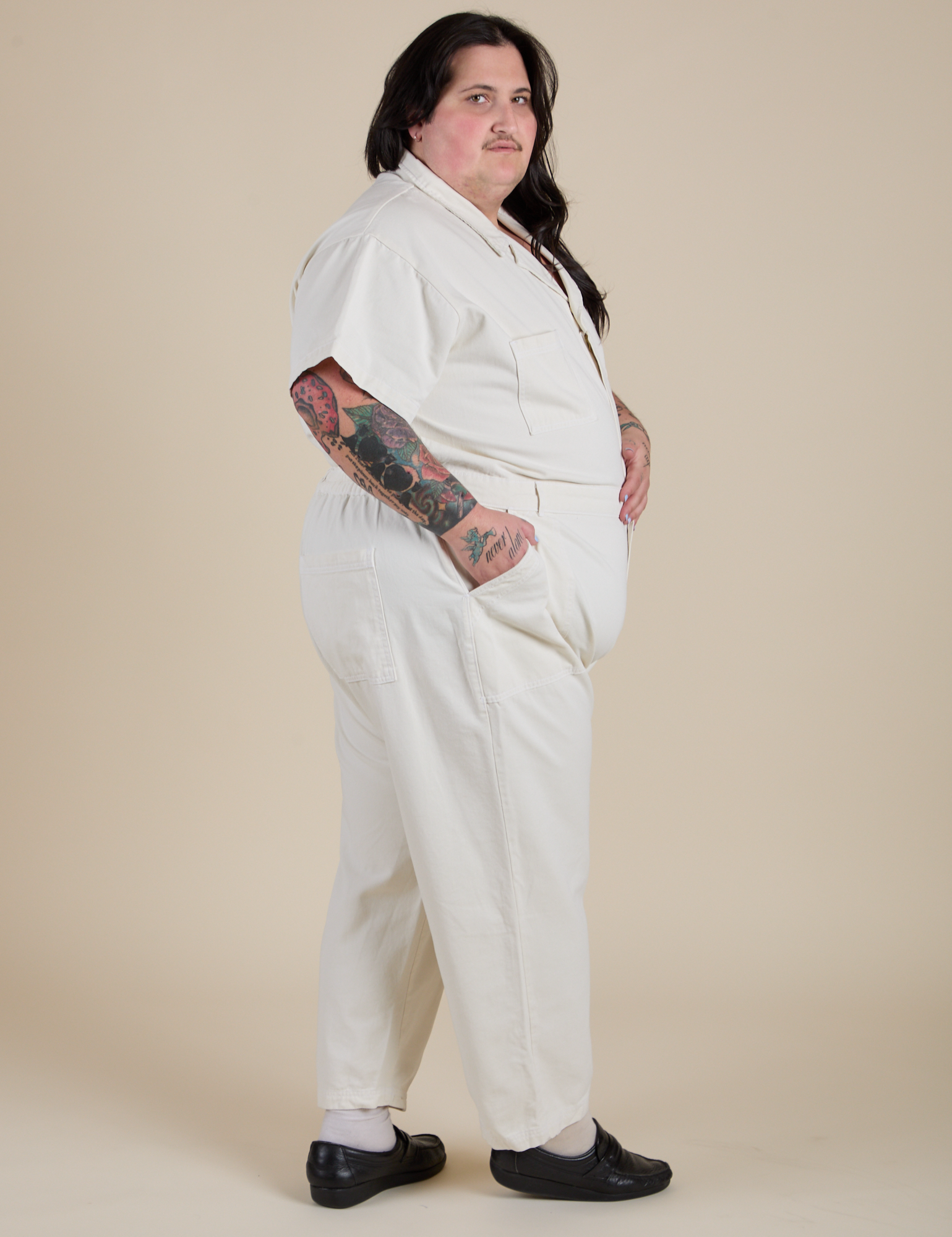 Short Sleeve Jumpsuit in Vintage Tee White side view on Sam