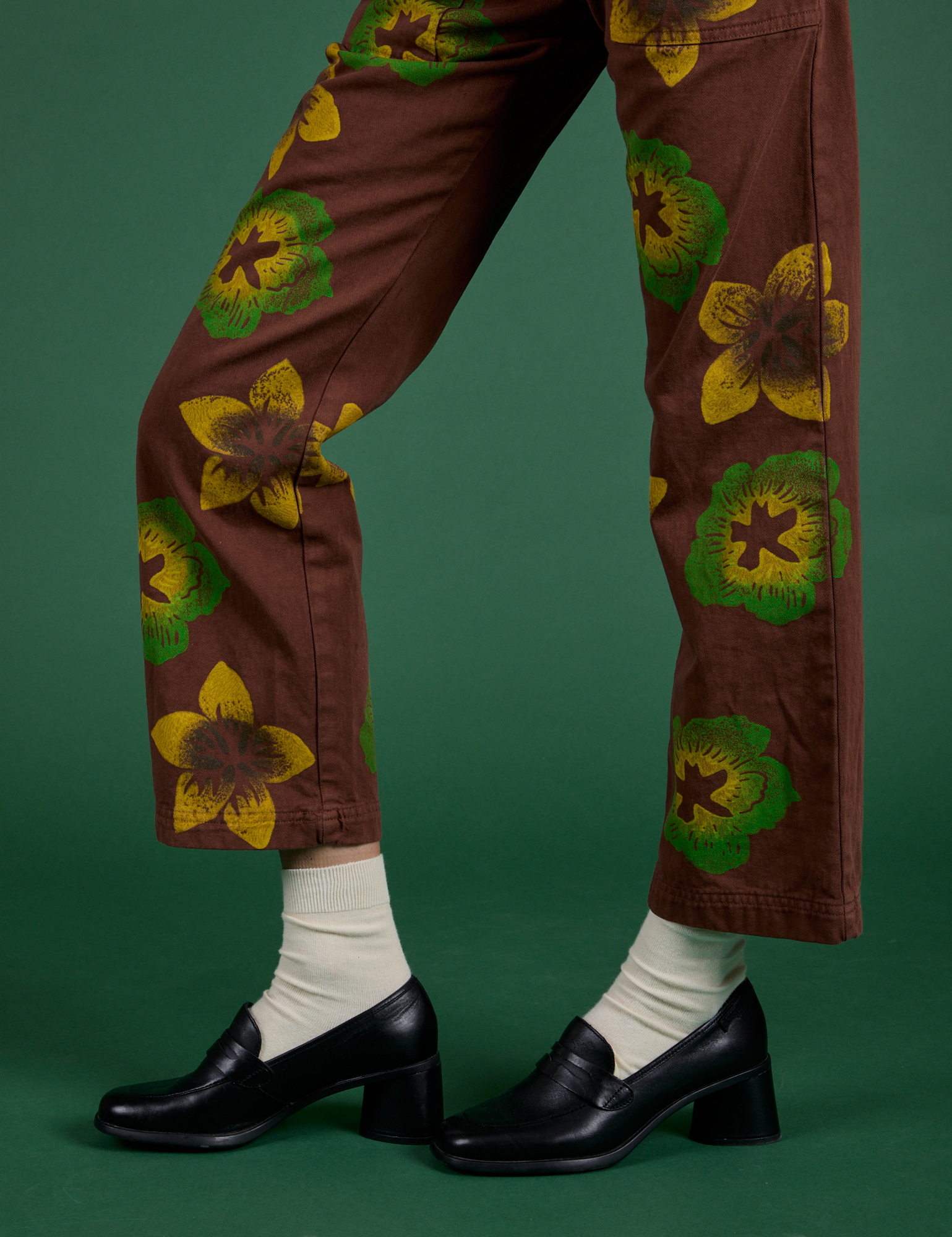 Floral Painted Work Pants in Brown pant leg side view close up on Madeline