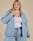 Indigo Denim Work Jacket in Light Wash on Juliet
