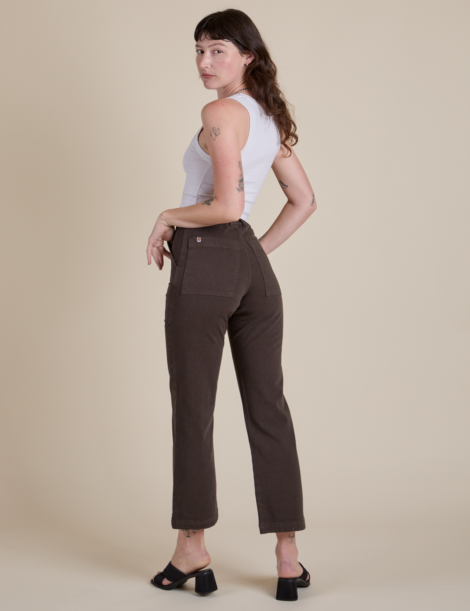 Work Pants in Espresso Brown angled back view on Alex