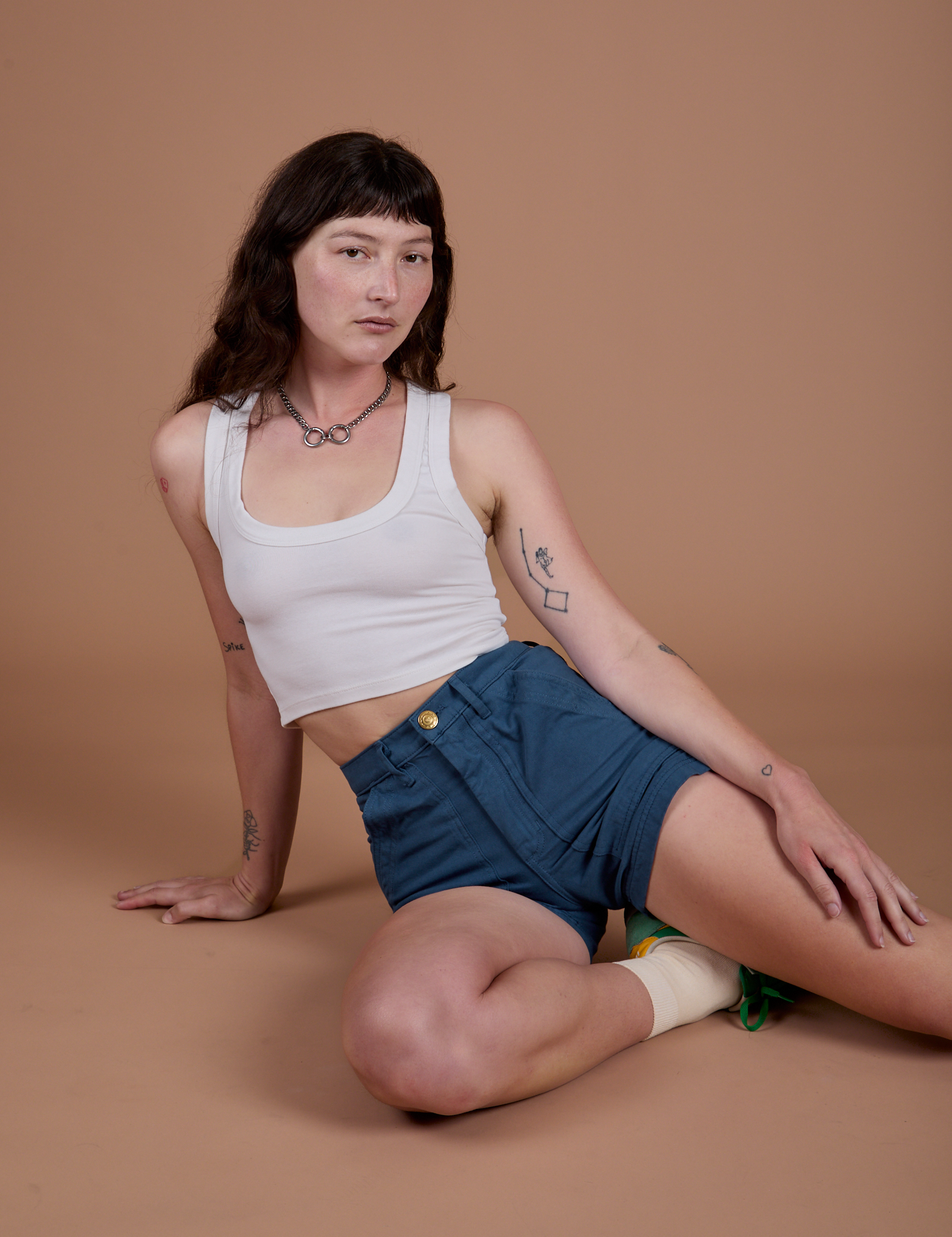 Classic Work Shorts in French Blue and Cropped Tank in Vintage Tee White on Alex