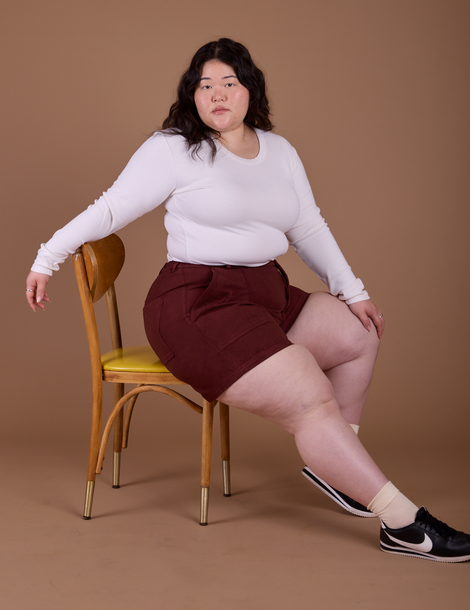 Classic Work Shorts in Red Wine and vintage tee white Long Sleeve Baby Tee on Ashley