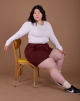 Classic Work Shorts in Red Wine and vintage tee white Long Sleeve Baby Tee on Ashley