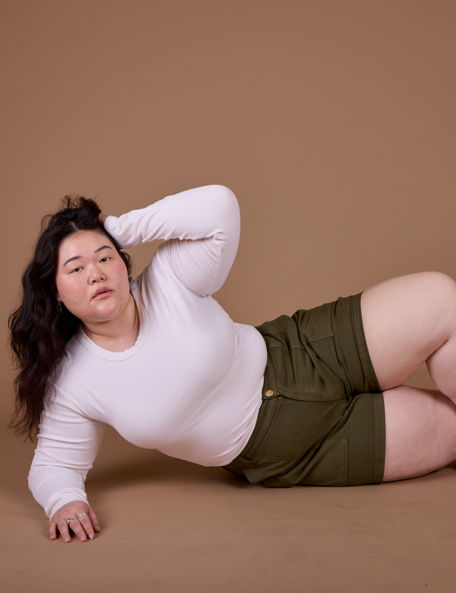 Classic Work Shorts in Surplus Green and vintage tee white Long Sleeve Baby Tee worn by Ashley