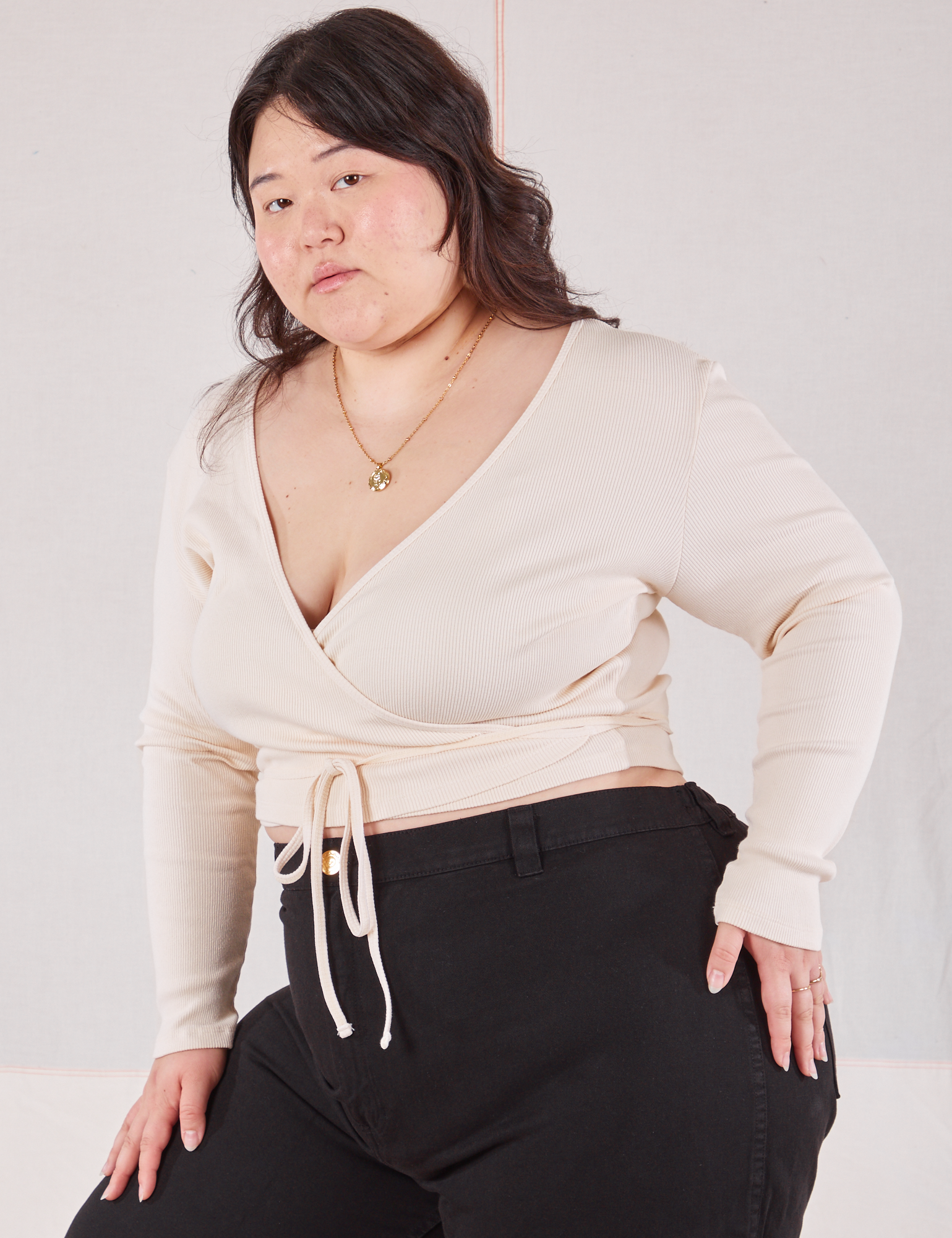 Wrap Top in Vintage Tee Off-White angled front view on Ashley