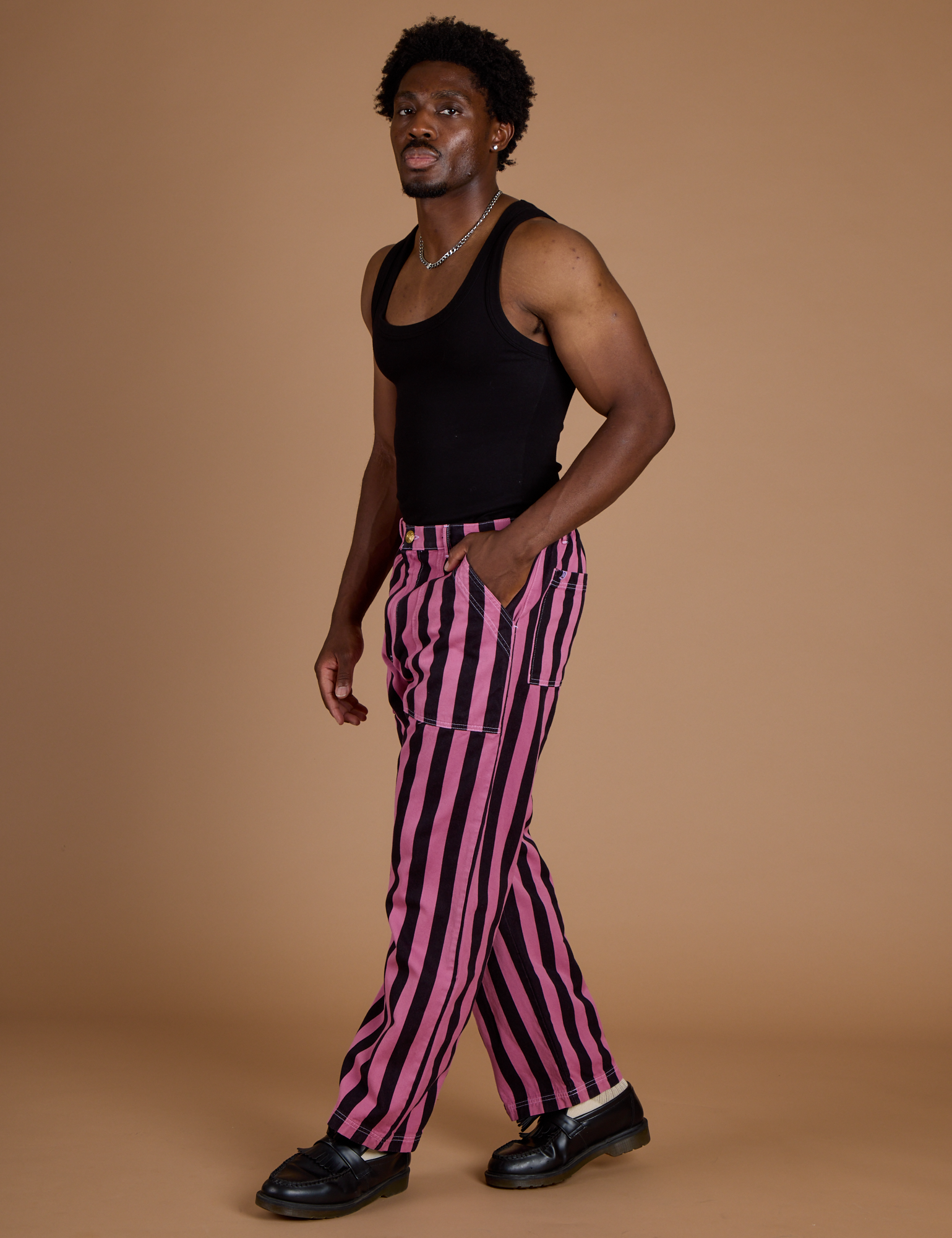 Black Stripe Work Pants - Bubblegum Pink