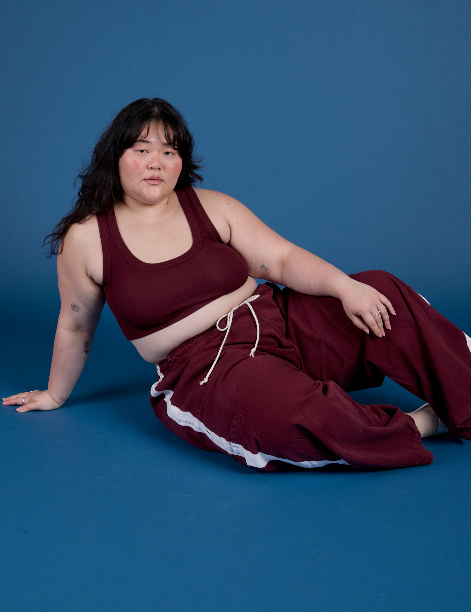 Painted Drop Pocket Cargo Pants in Red Wine and matching Mini Tank on Ashley