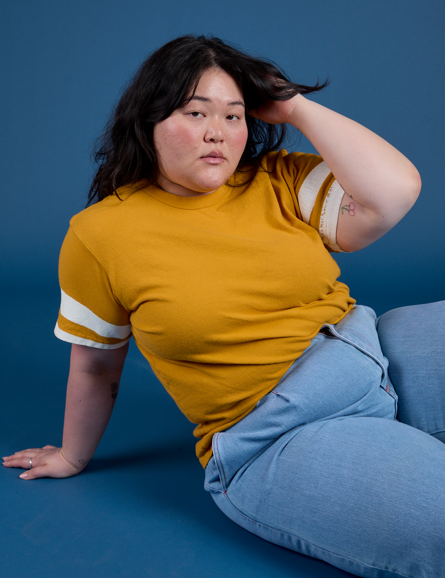 Painted Burly Tee in Mustard Yellow worn by Ashley