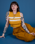 Painted Muscle Tee in Mustard Yellow and Drop Pocket Cargo Pants on Sydney
