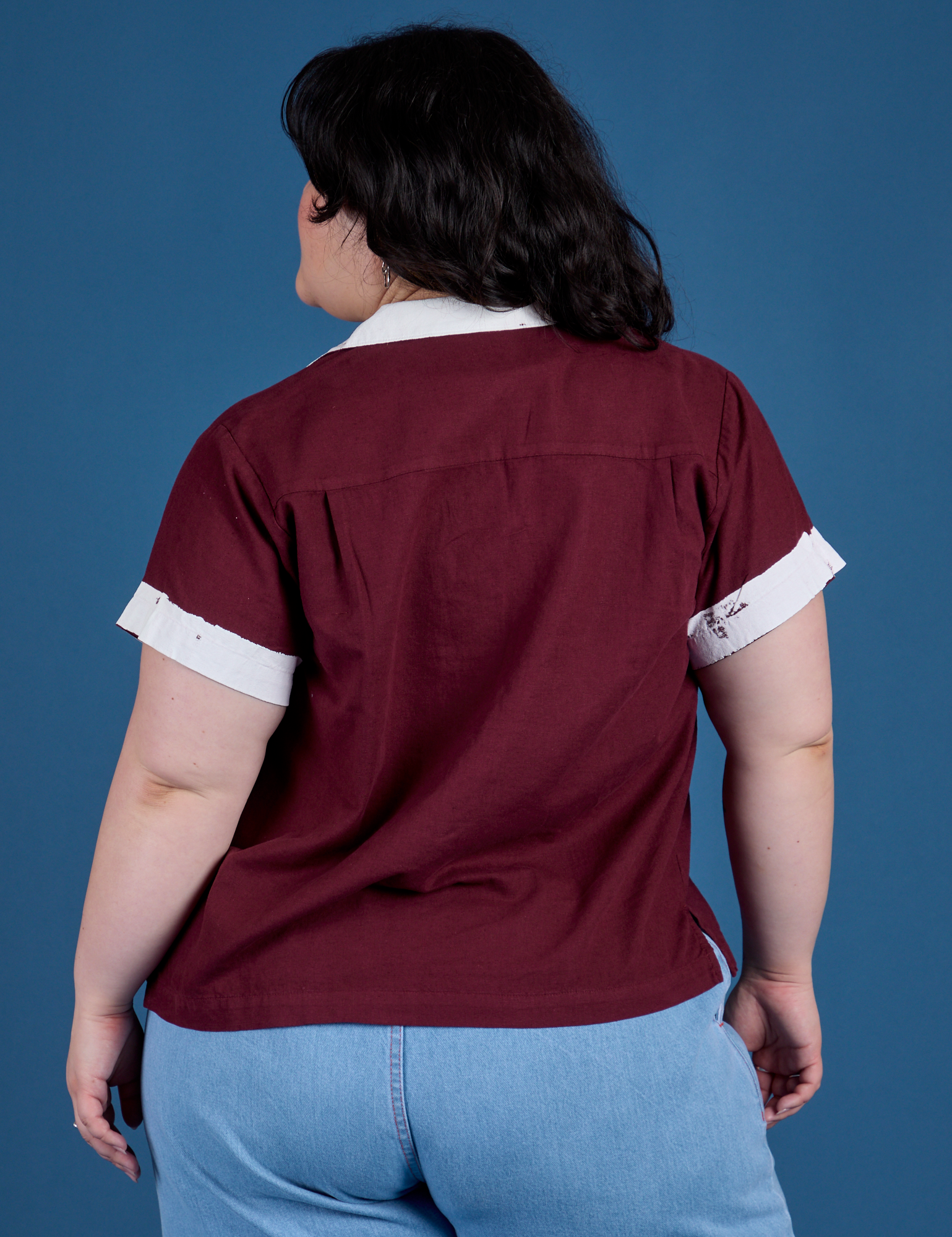Painted Pantry Button-Up in Red Wine back view on Ashley