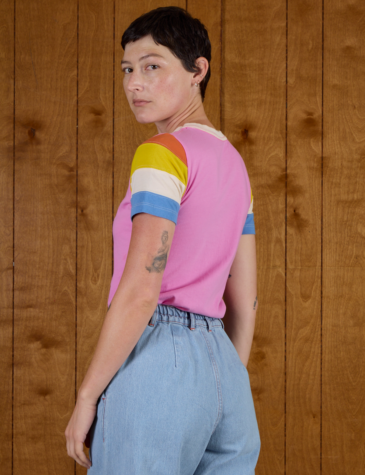 Angled back view of Calypso Tee in Bubblegum Multi on Alex