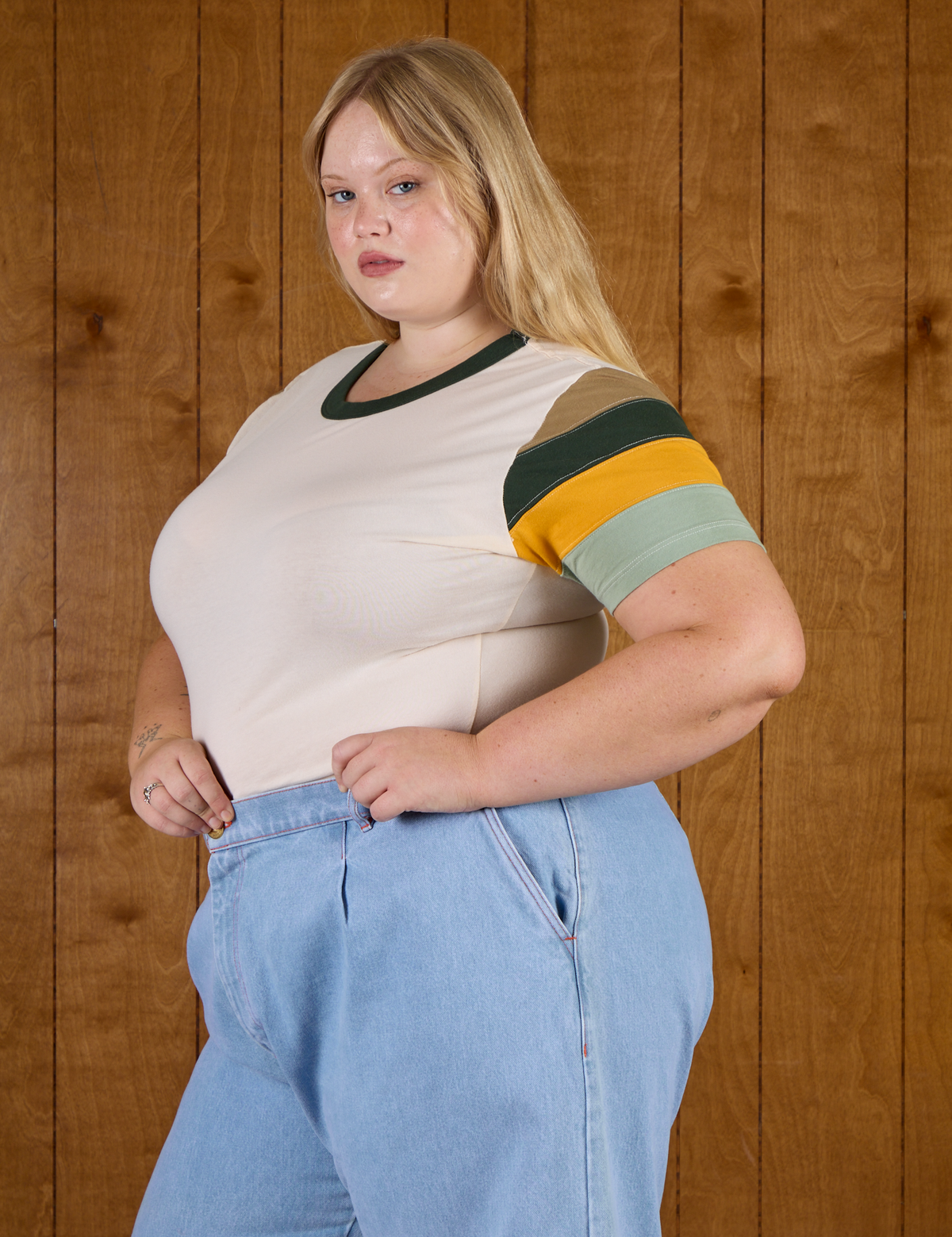 Angled front view of Calypso Tee in Off White Multi on Juliet