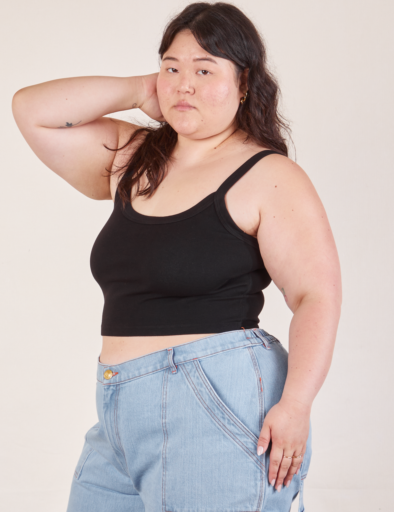 Cropped Cami in Basic Black angled front view on Ashley