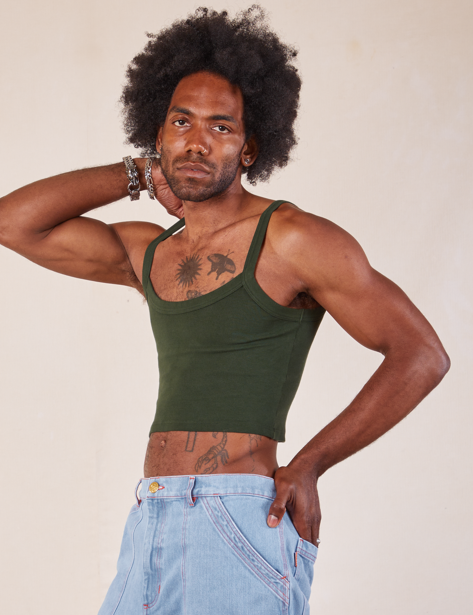 Cropped Cami in Swamp Green angled front view on Jerrod