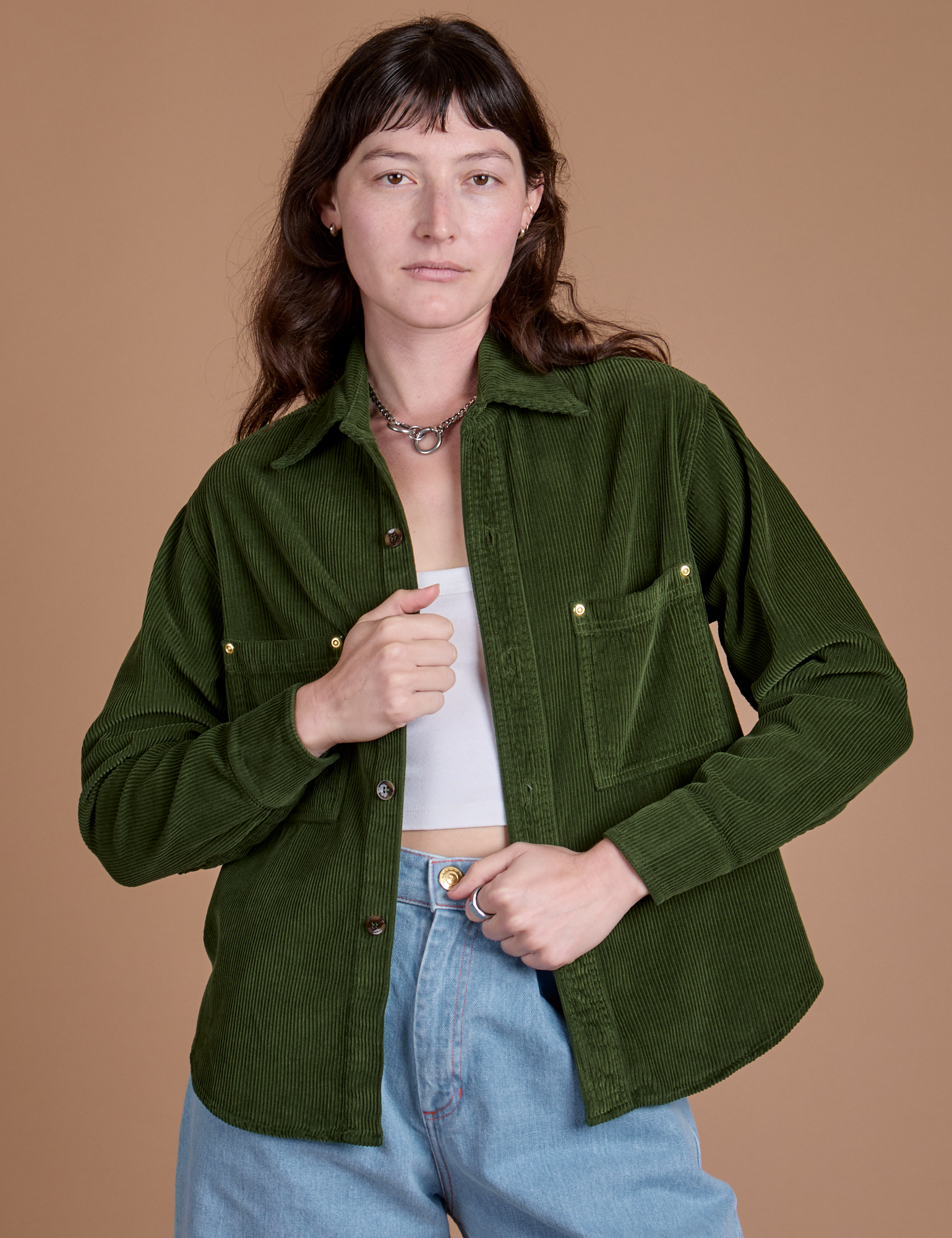 Cropped Corduroy Overshirt in Evergreen worn by Alex