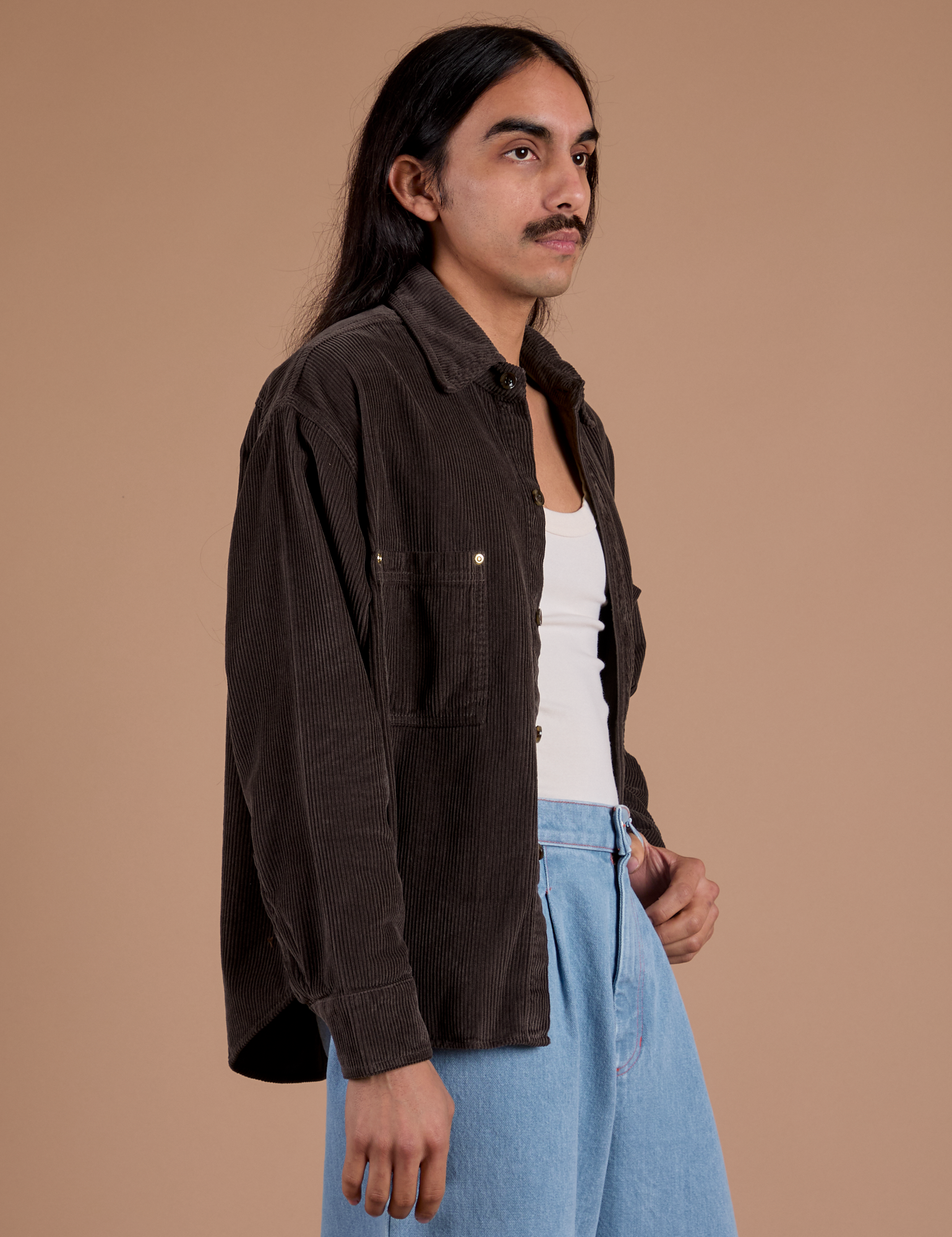 Side view of Cropped Corduroy Overshirt in Espresso Brown on Anthony
