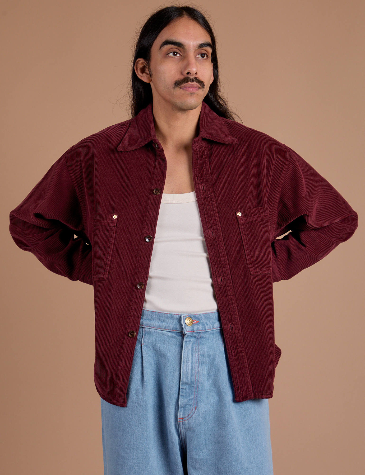 Cropped Corduroy Overshirt in Red Wine on Anthony