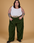 Corduroy Drop Pocket Cargo Pants in Evergreen and Cropped Tank in Vintage Tee White on Sam