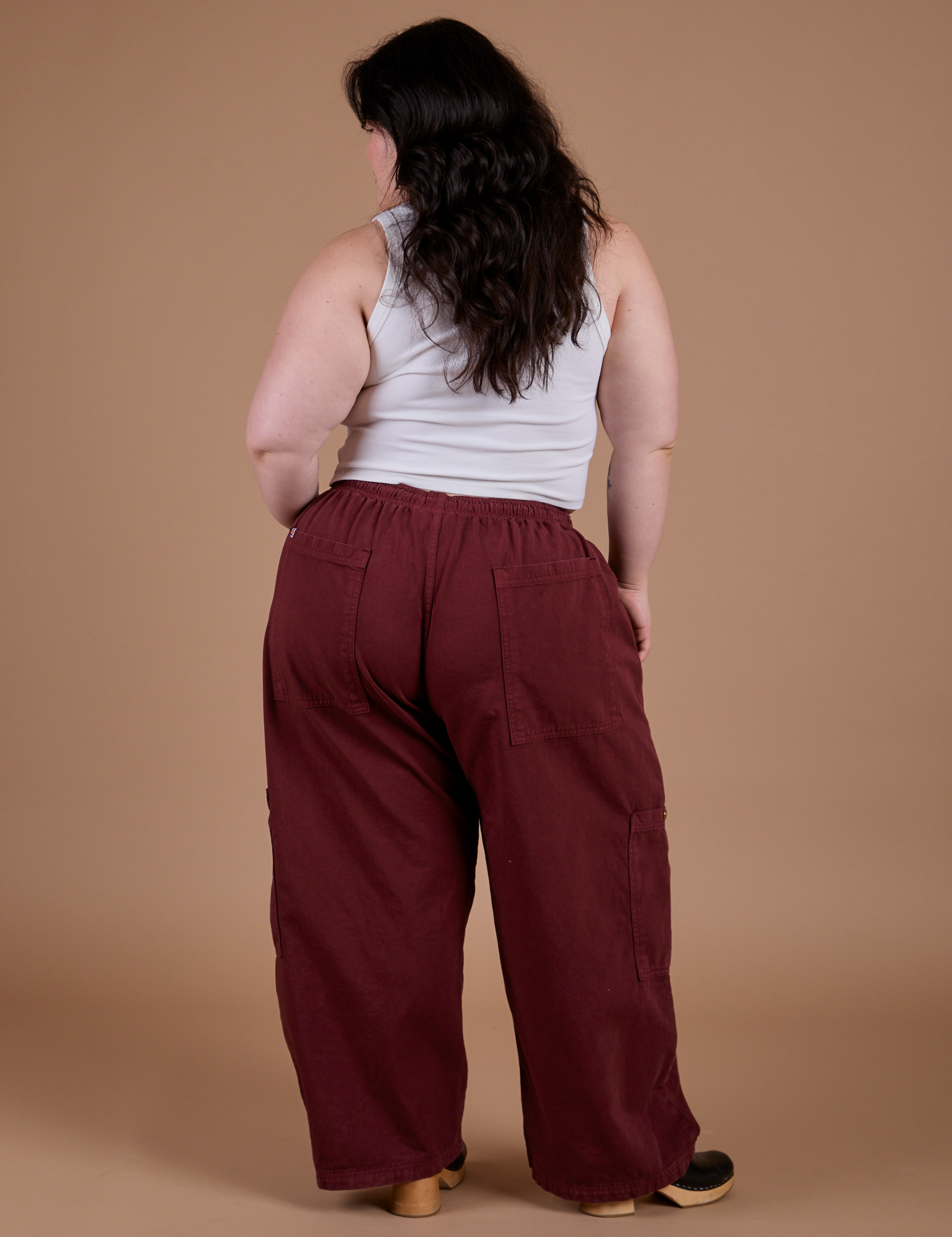 Drop Pocket Cargo Pants in Red Wine back view on Ashley