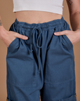 Drop Pocket Cargo Pants in French Blue front close up on Alex
