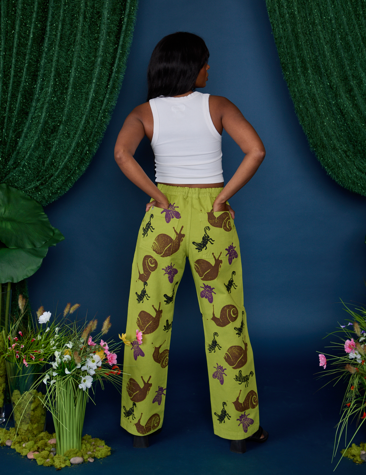 Paintstamped Work Pants in Froggy  back view on Kandia