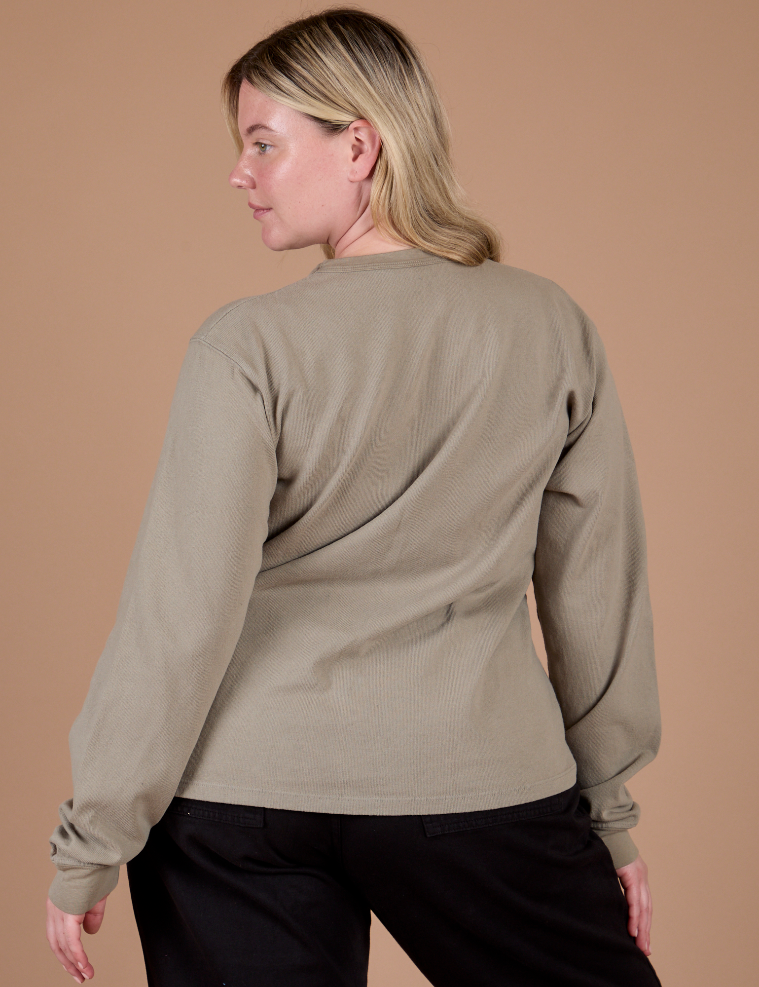 Long Sleeve Burly Tee in Khaki Grey back view on Lish