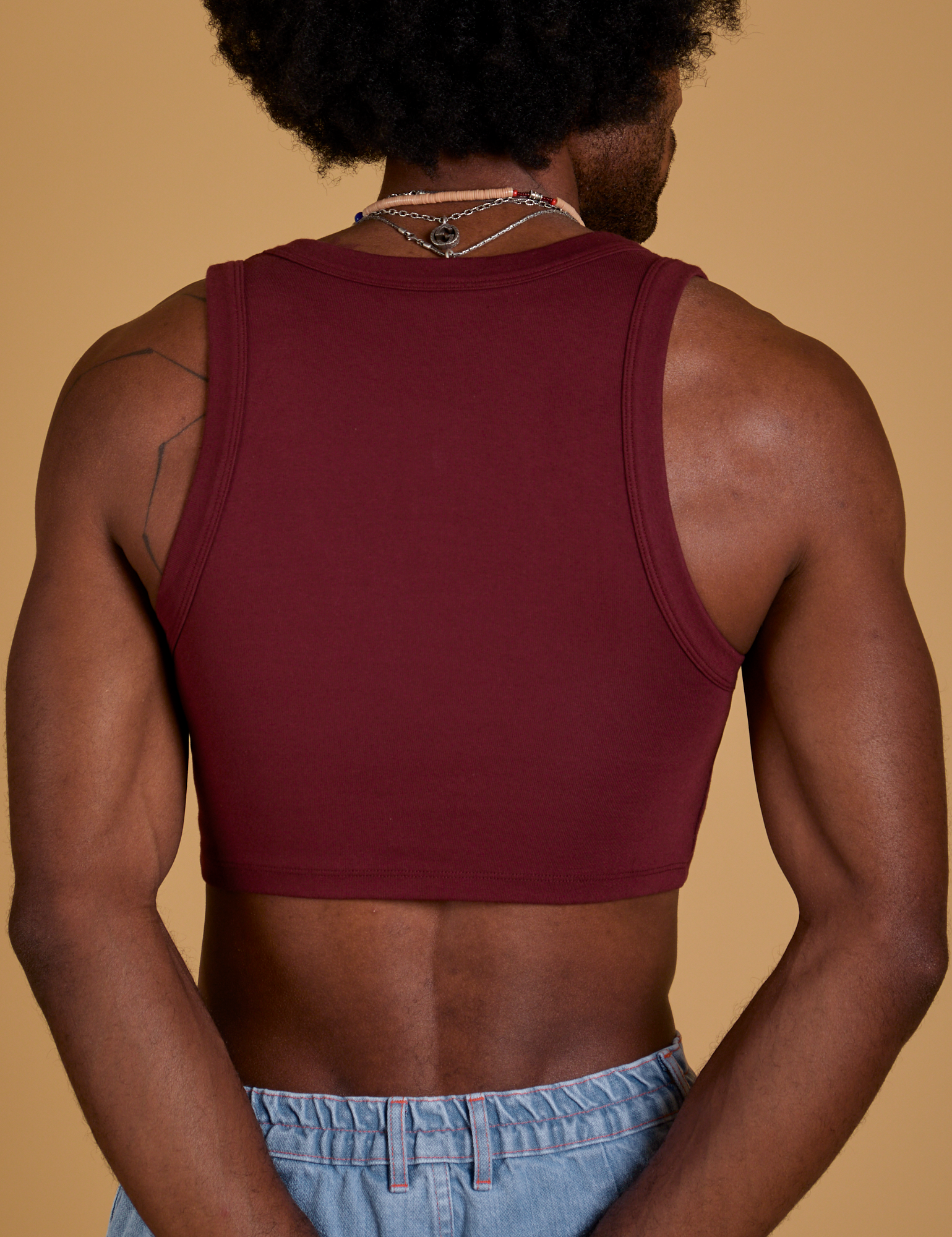 Mini Tank in Red Wine back close up on Jerrod