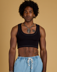 Jerrod is 6’3” and wearing M Contrast Stitch Mini Tank in Basic Black