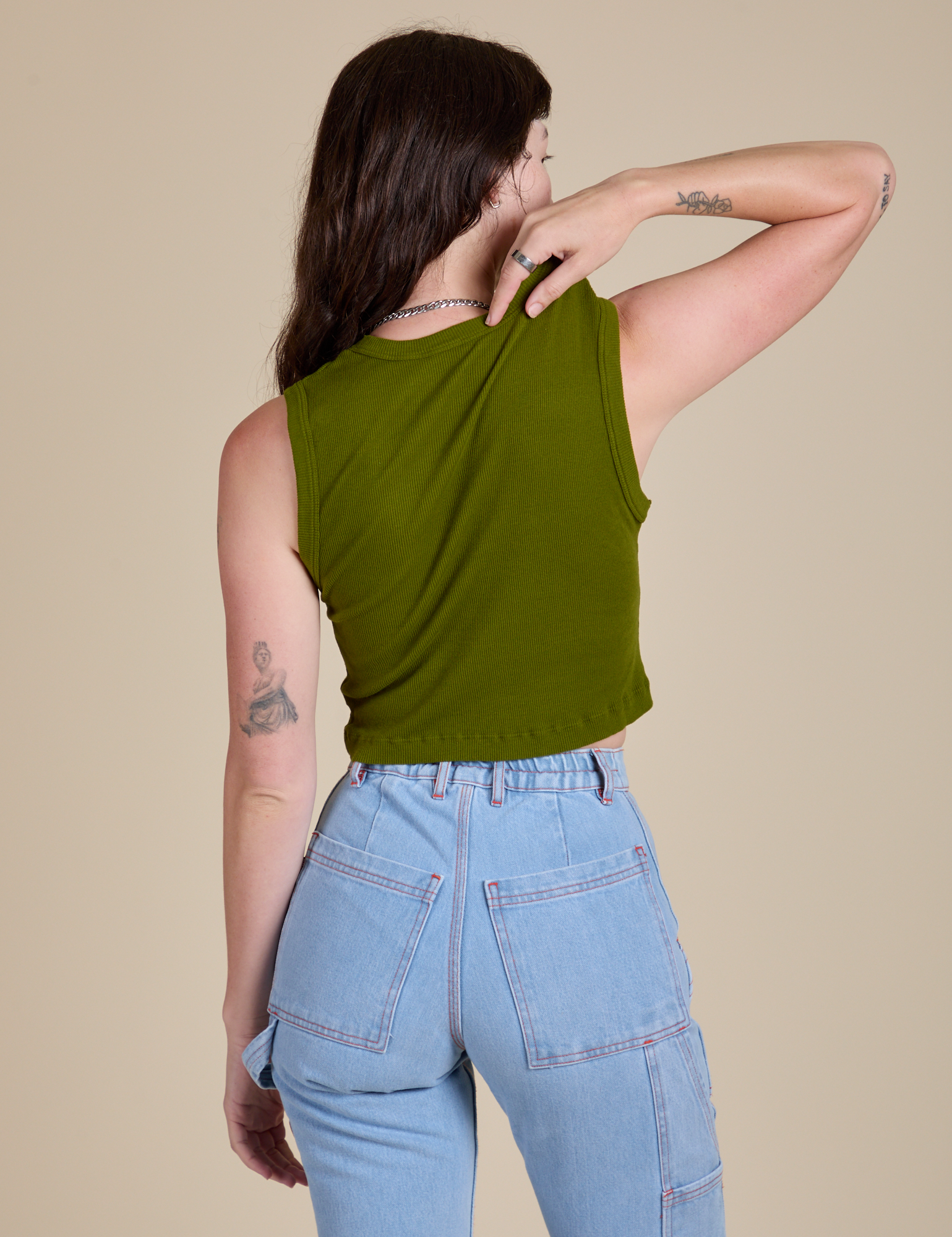 Muscle Tee in Summer Olive back view on Alex