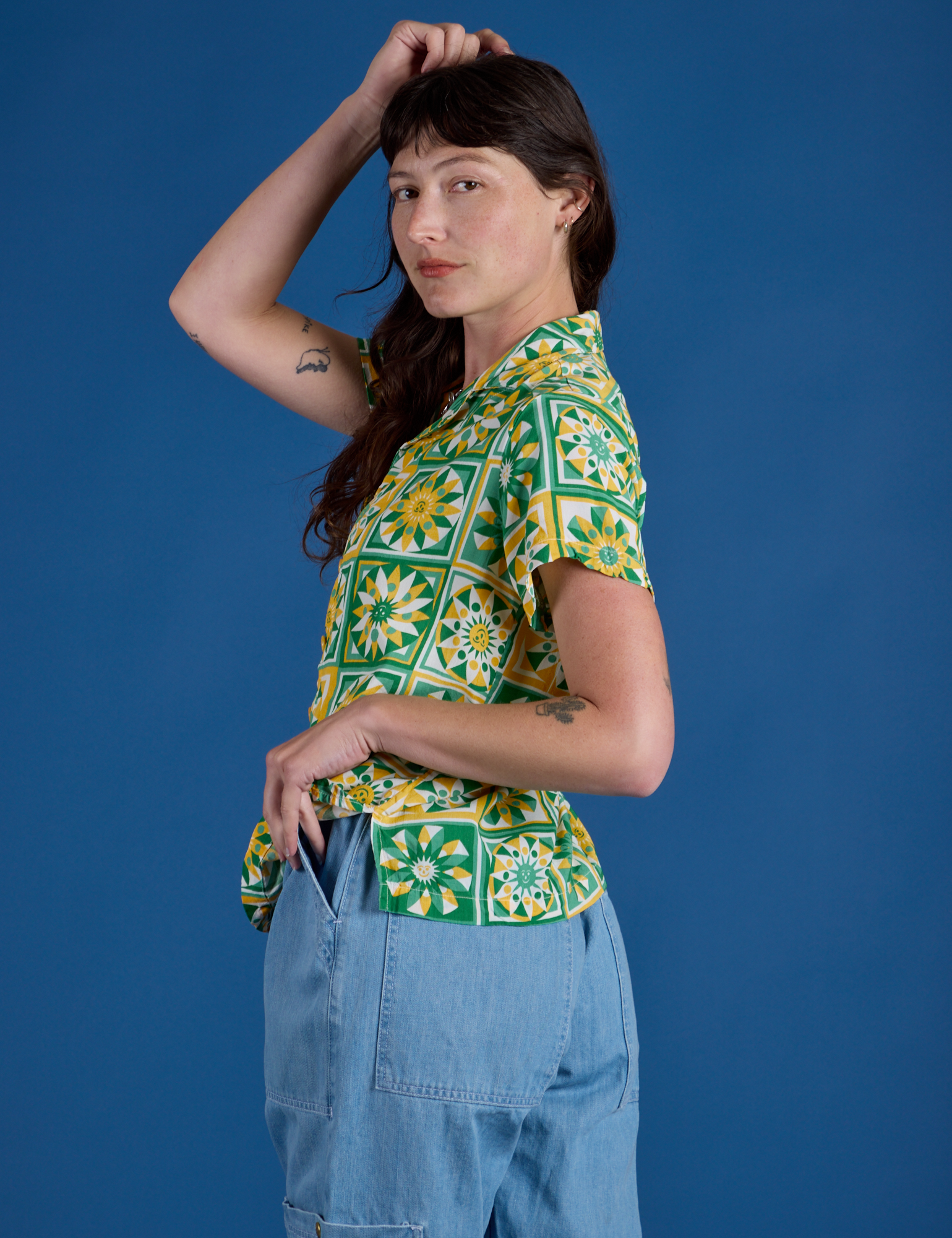 Side view of Spring Quilt Print Pantry Button-Up on Alex