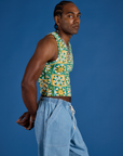 Deep-Cut Racerback Tank in Spring Quilt Print side view on Jerrod
