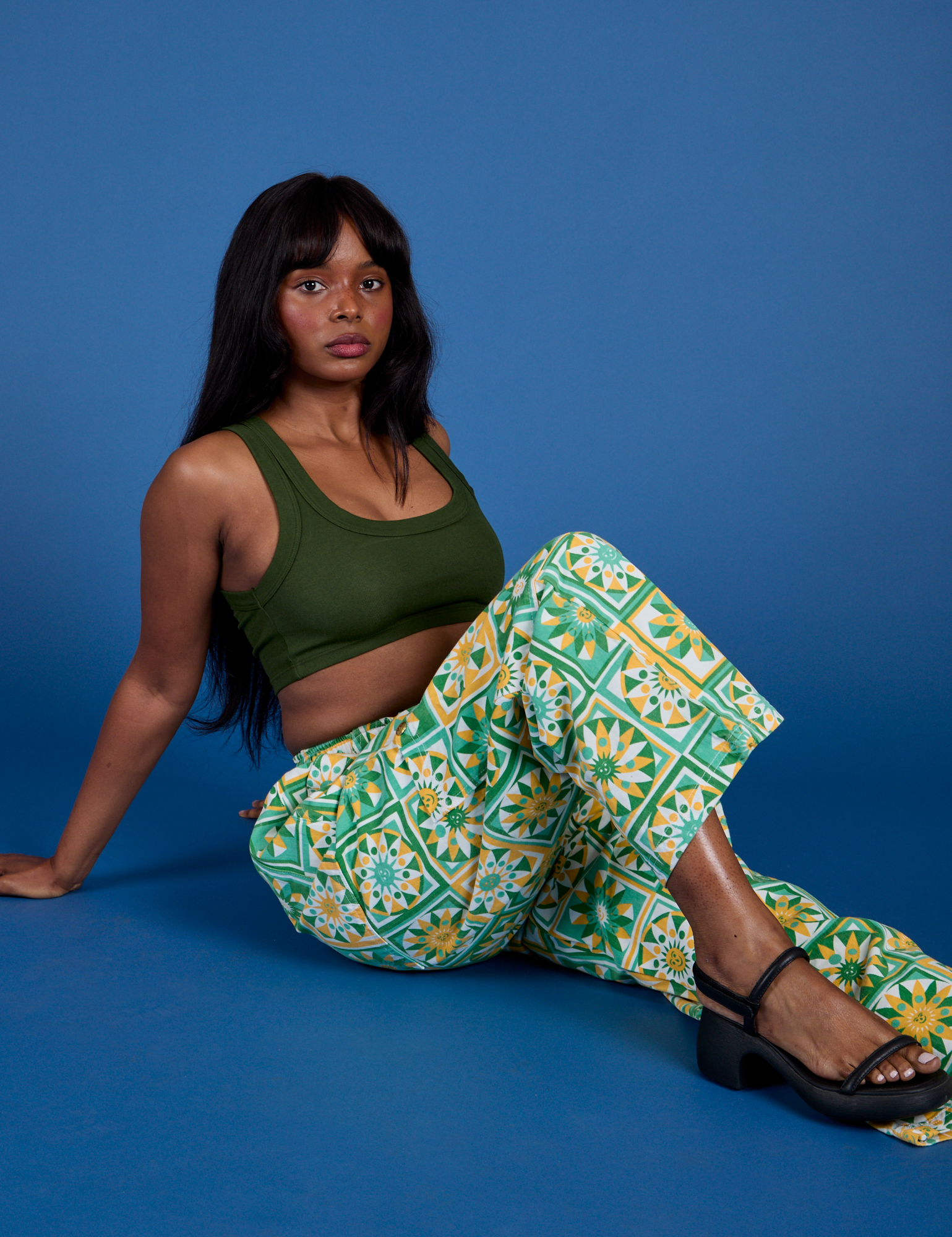 Drop Pocket Cargo Pants in Spring Quilt Print and evergreen Mini Tank on Kandia