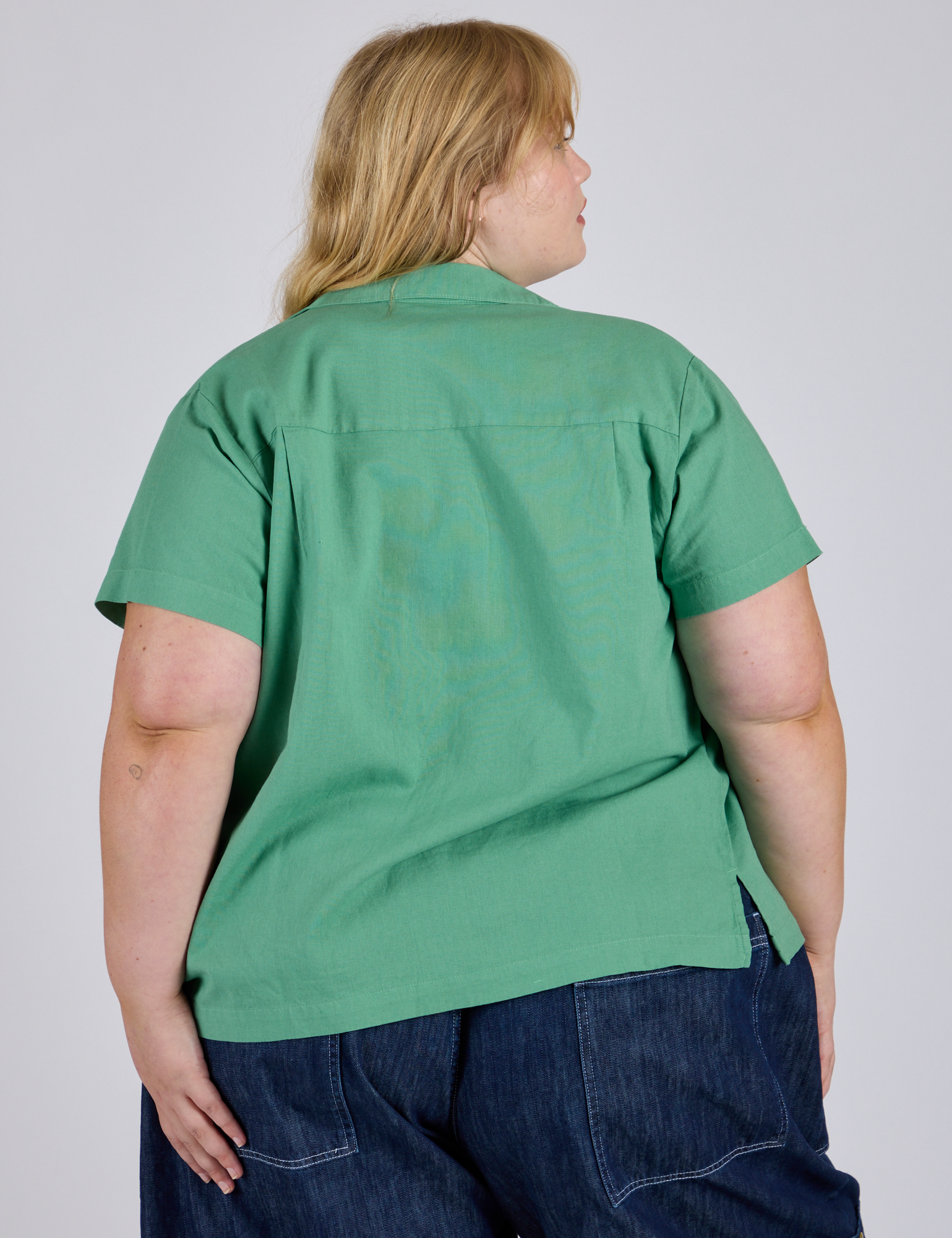 Pantry Button-Up in Seafoam Green back view on Juliet